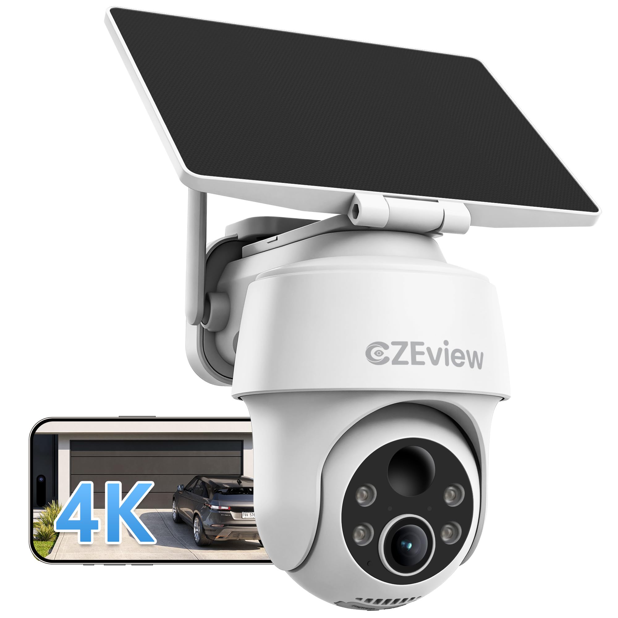 CZEview C8 4K Überwachungskamera Aussen Solar mit 360° PTZ Auto-Tracking | ohne Stromanschluss für Garten, Einfahrt & Garage | KI-Personenerkennung, Farbnachtsicht, IP65, 2-Wege-Audio, 2,4 GHz WLAN