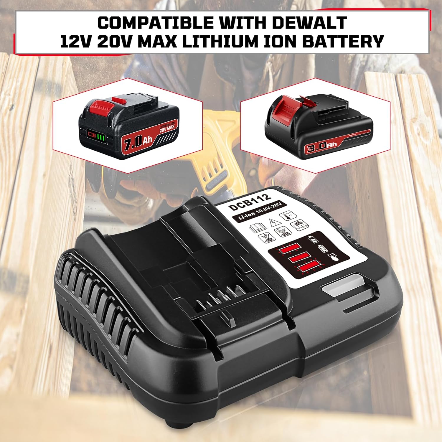 DCB112 Battery Charger Replacement for DeWalt 20 Volt MAX Lithium Battery Charger Compatible with 12V 20V Max Li-ion Battery DCB100 DCB121 DCB123 DCB203 DCB204 DCB120 DCB124.