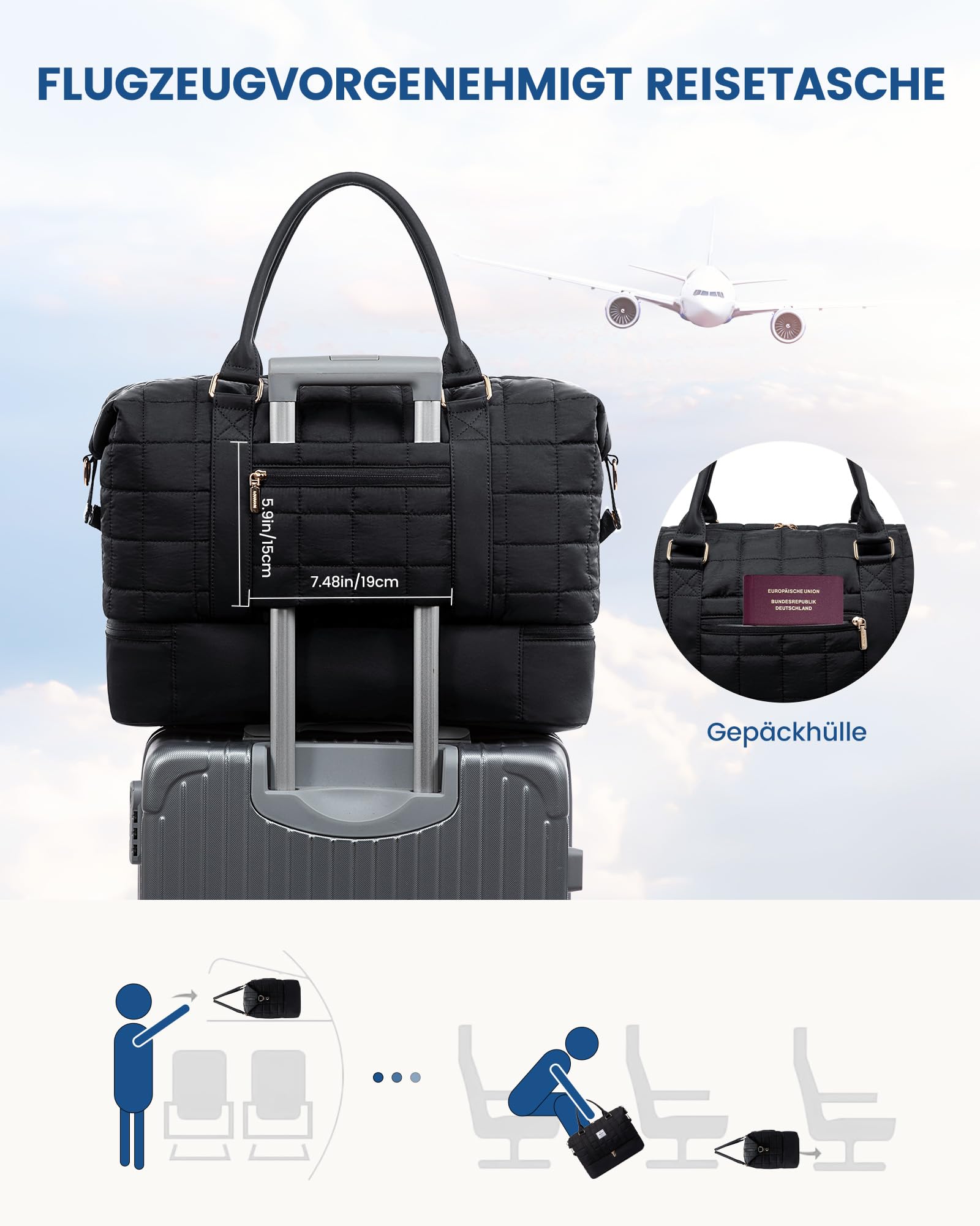LOVEVOOK Reisetasche Damen Groß, Leicht Puffer Weekender Handgepäck Tasche Kliniktasche Geburt Krankenhaustasche mit Schuhfach & Nassfach, Travel Bag Sporttasche für Flugzeug Reise, Schwarz