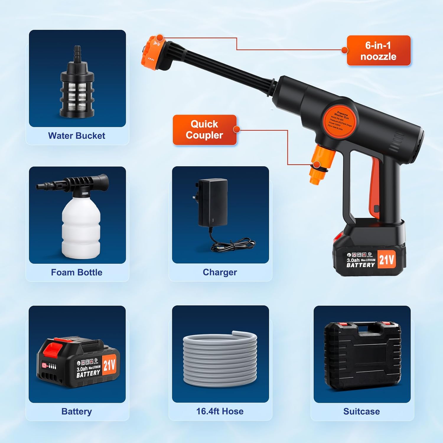 All components of the denqir Electric Cordless Pressure Washer including the main unit, battery, charger, hose, nozzles, foam bottle, and carrying case.