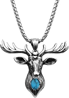 Men's Deer Head Pendant Necklace, Stainless Steel, Silver Stag with Blue Stone, Modern Style, Unisex Fashion Jewellery Price In India