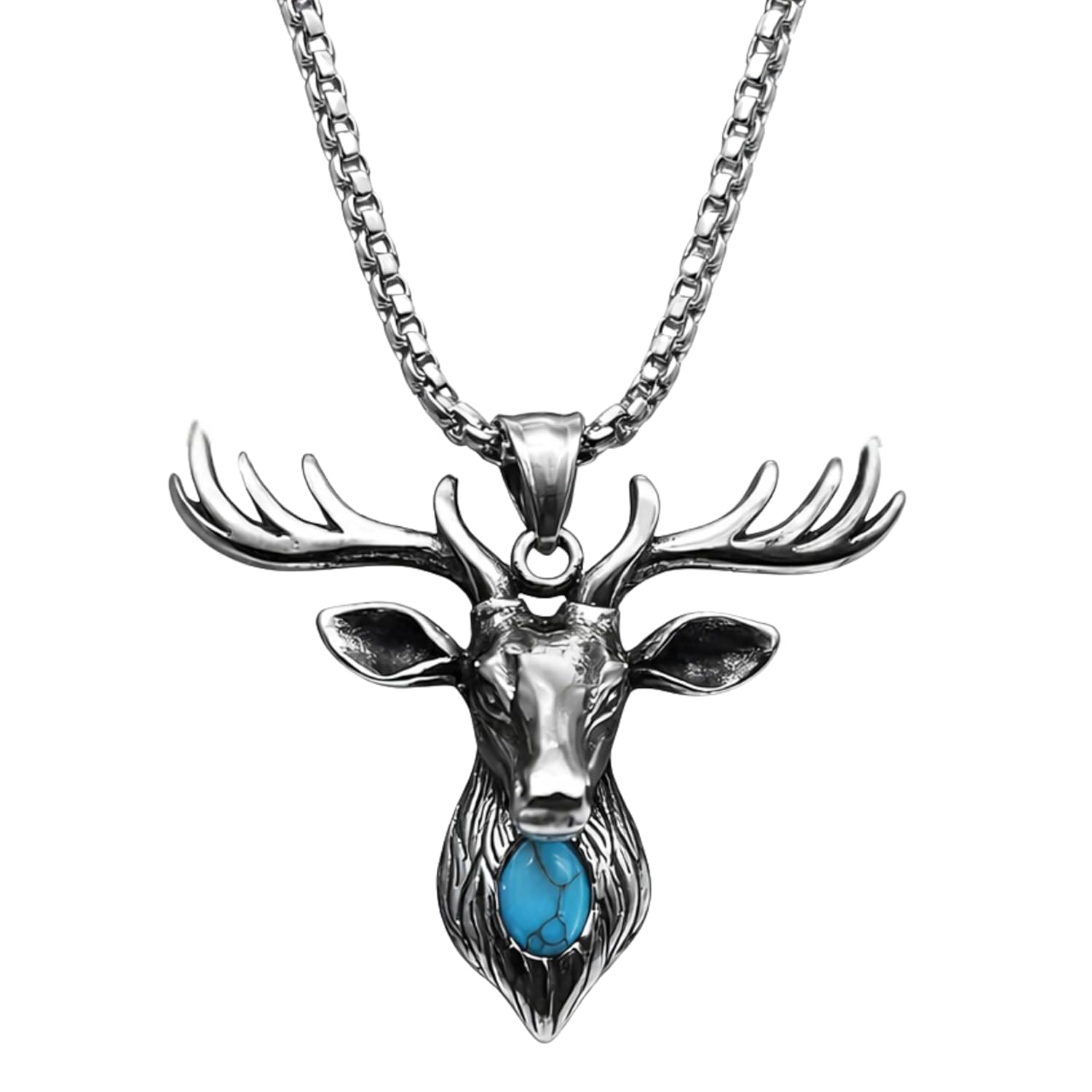 Men's Deer Head Pendant Necklace, Stainless Steel, Silver Stag with Blue Stone, Modern Style, Unisex Fashion Jewellery - Review, Price and Buying Guide