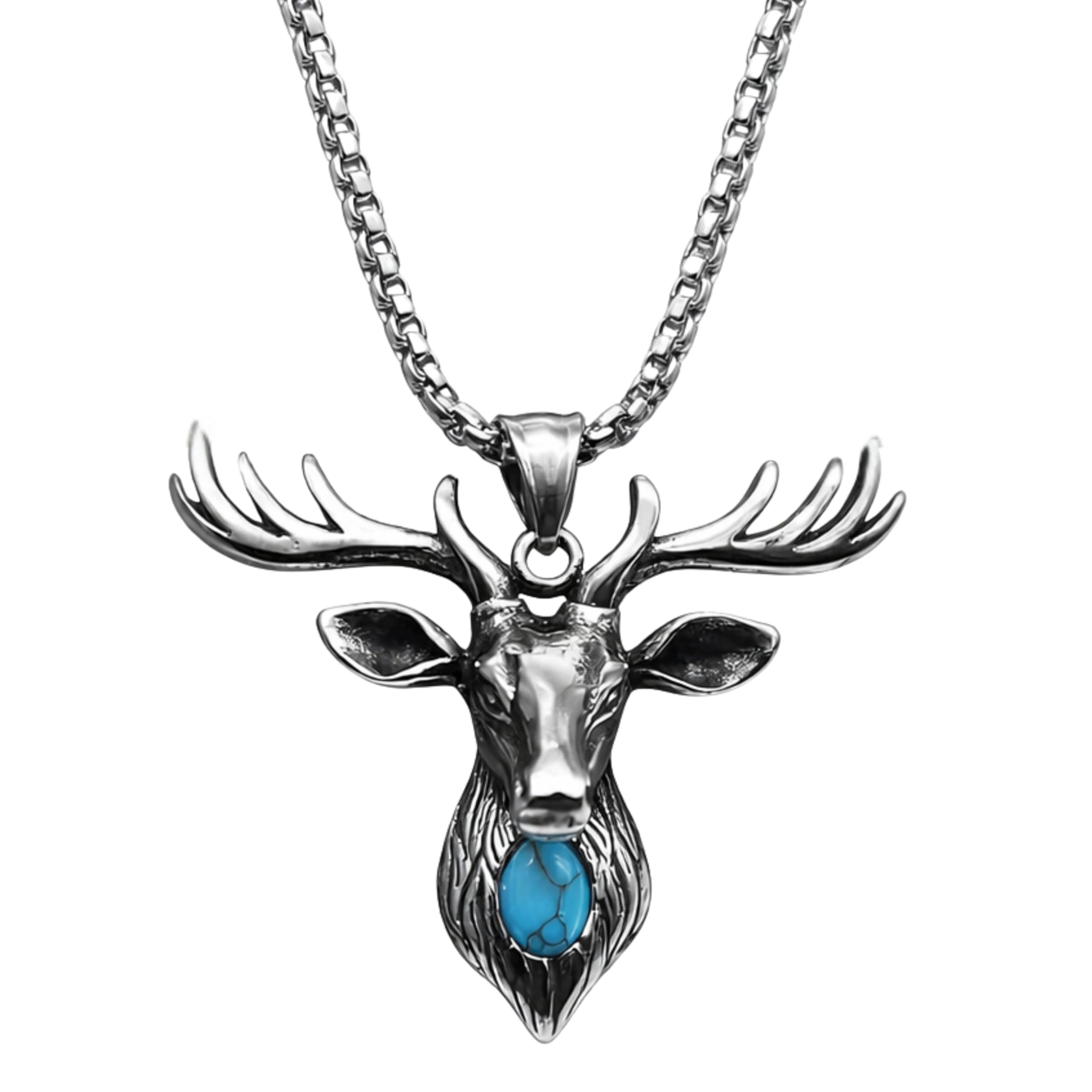 Men's Deer Head Pendant Necklace, Stainless Steel, Silver Stag with Blue Stone, Modern Style, Unisex Fashion Jewellery-image-41
