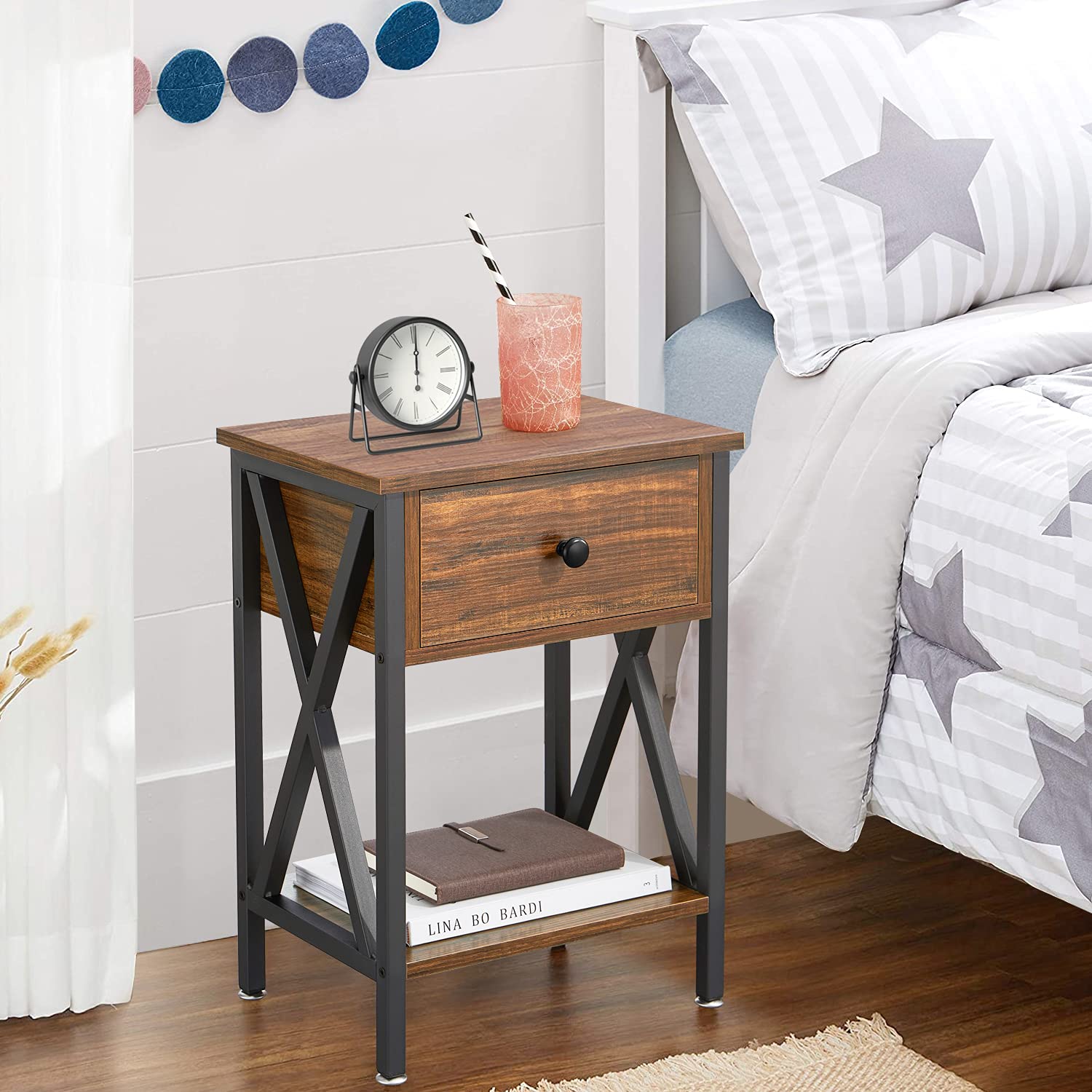 VECELO Modern Nightstands X-Design Side End Table Night Stand Storage Shelf with Bin Drawer for Living Room,Bedroom,Lounge,Set of 2, Rustic Brown A2