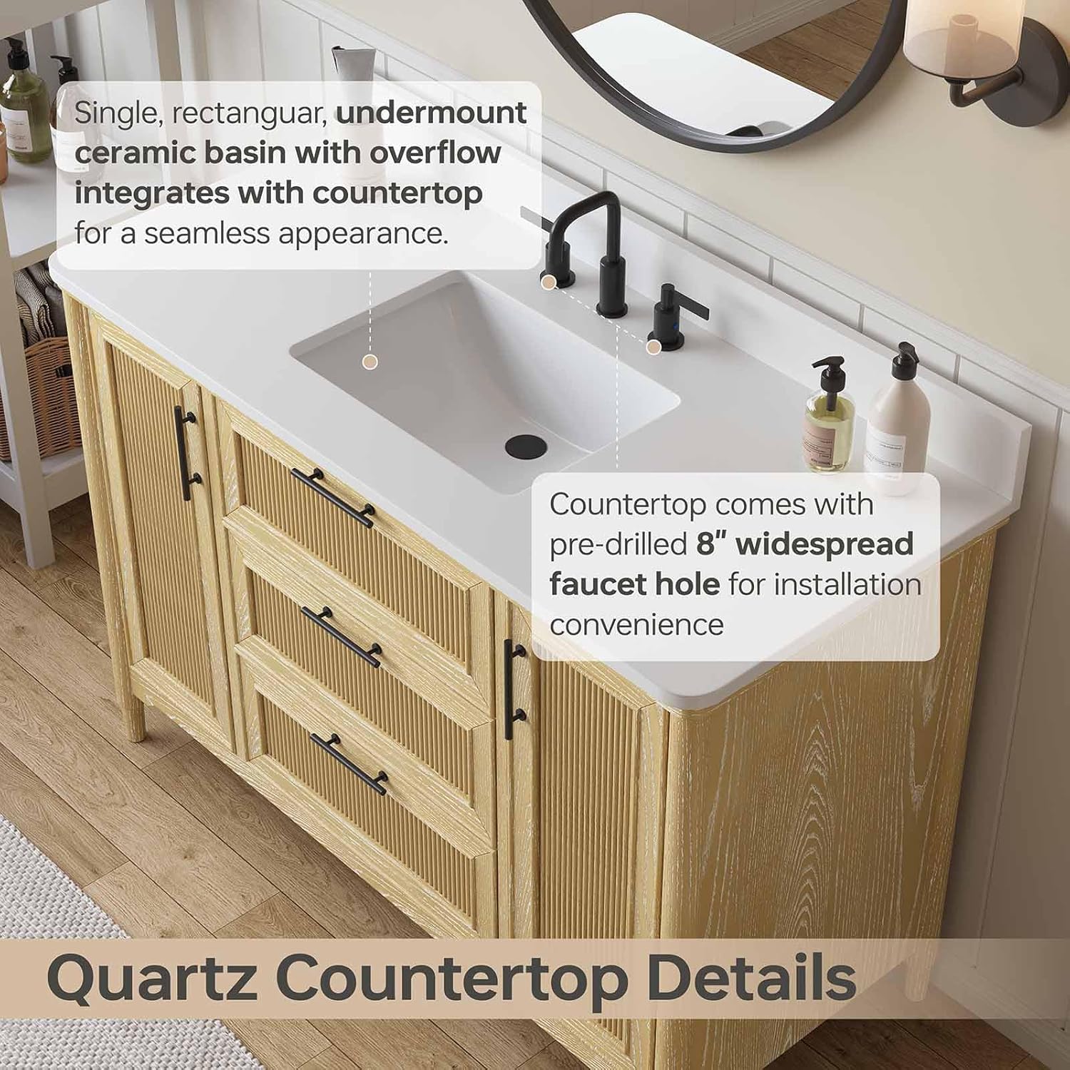 48 Inch Bathroom Vanity with Sink, Undermount Single Sink Bathroom Vanity with White Quartz Top, Bathroom Storage Cabinet with Soft Closing Doors & Dovetail Drawers, Light Oak