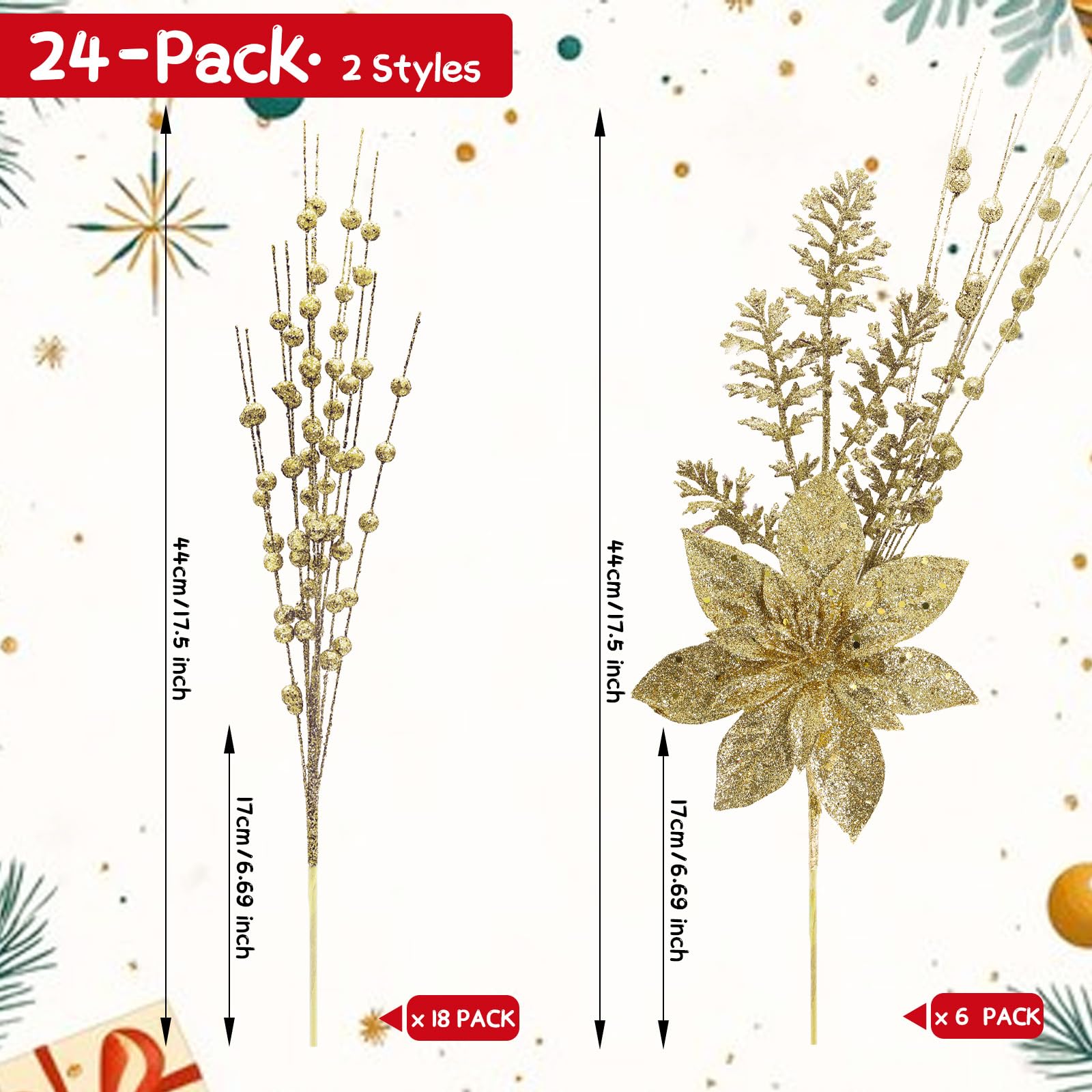 Künstliche Glitzer-Beerenstiel-Ornamente, 44 cm, künstliche Weihnachtsspieße, Dekorationen mit Weihnachtsstern, Perlenstäbchen für Weihnachtsbaum, Kranz, Hochzeit und kleine Vasen-Dekoration, 24 Stück