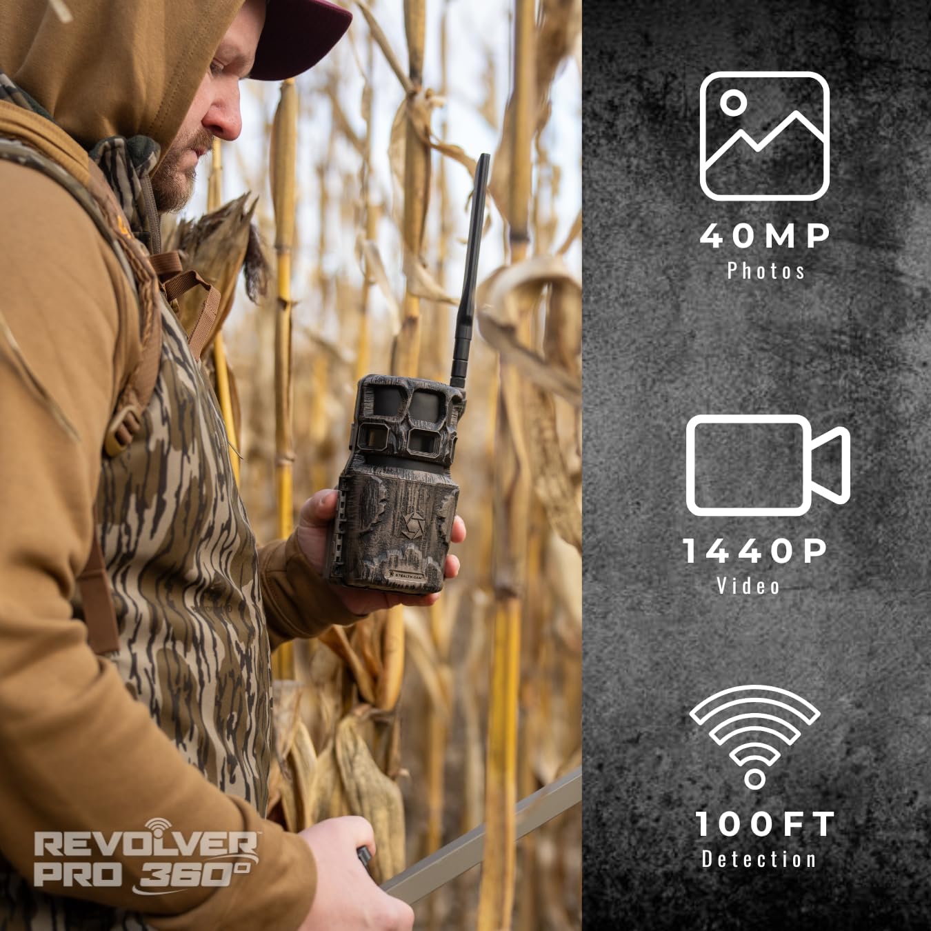 Stealth Cam Revolver Pro 2.0 360° Cellular Camera 40MP, 1-6 Zone On-Demand and Live View, 0.4 Sec Trigger, Built in Memory, HD Photo and Video