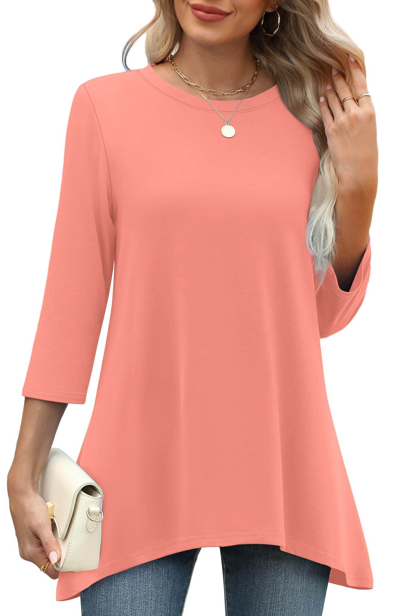 OFEEFAN Tunic Tops for Women Loose Fit Dressy 3/4 Length Sleeve Womens Tops with Asymmetrical Hem S-4XL