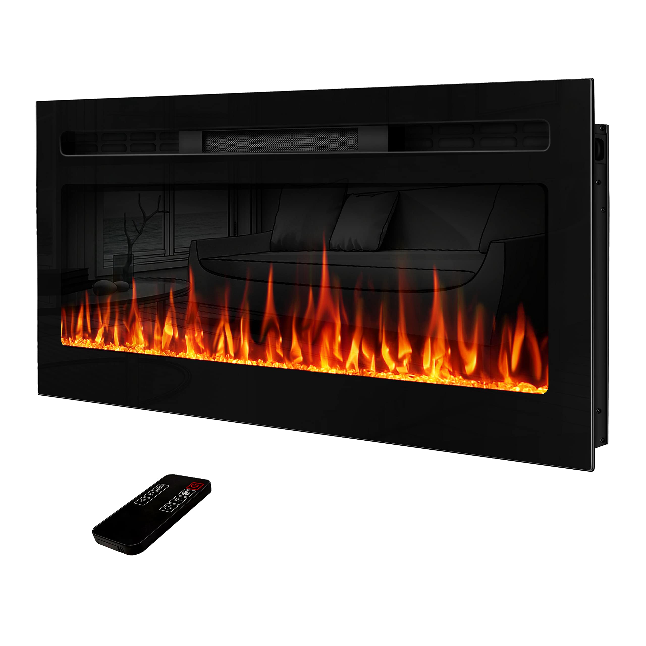 Amazon.com: Upesitom 36 Electric Fireplace Mirrored Fireplace Heater  Recessed u0026 Wall Mounted Electric Fireplace Insert, LED Linear Fireplace  with Flame Colors, Remote Control with Timer, 750/1500W : Home u0026 Kitchen