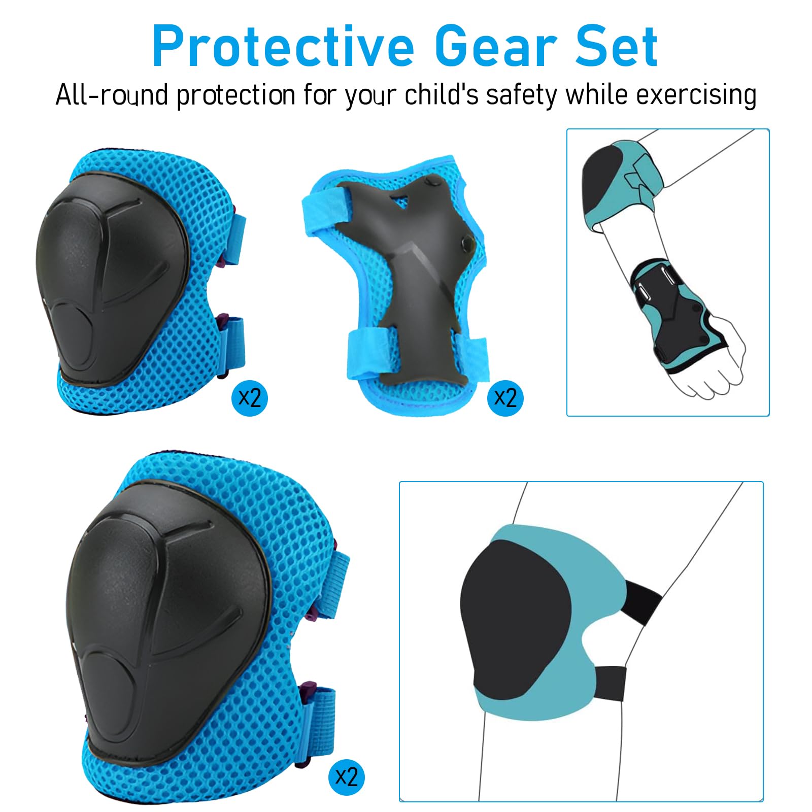 Casque de vélo pour enfants avec genouillères coudières protège-poignets réglables bleu