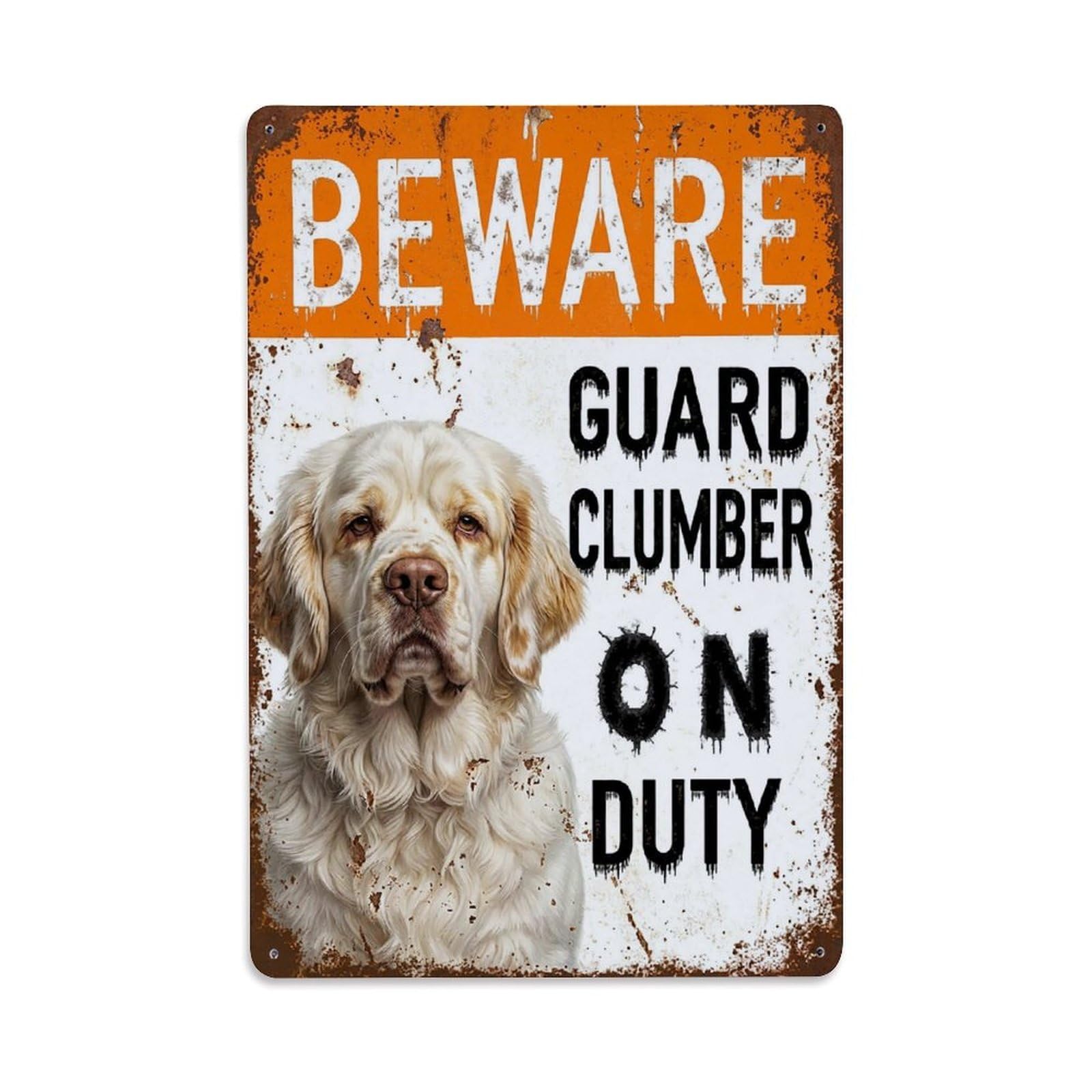 Vintage Funny Clumber Guard Beware of Dog Stairway Metal Tin Sign Plaque Wall Decor for Cafe, Club Bar, Office, Garden Metal Poster 8x12Inch