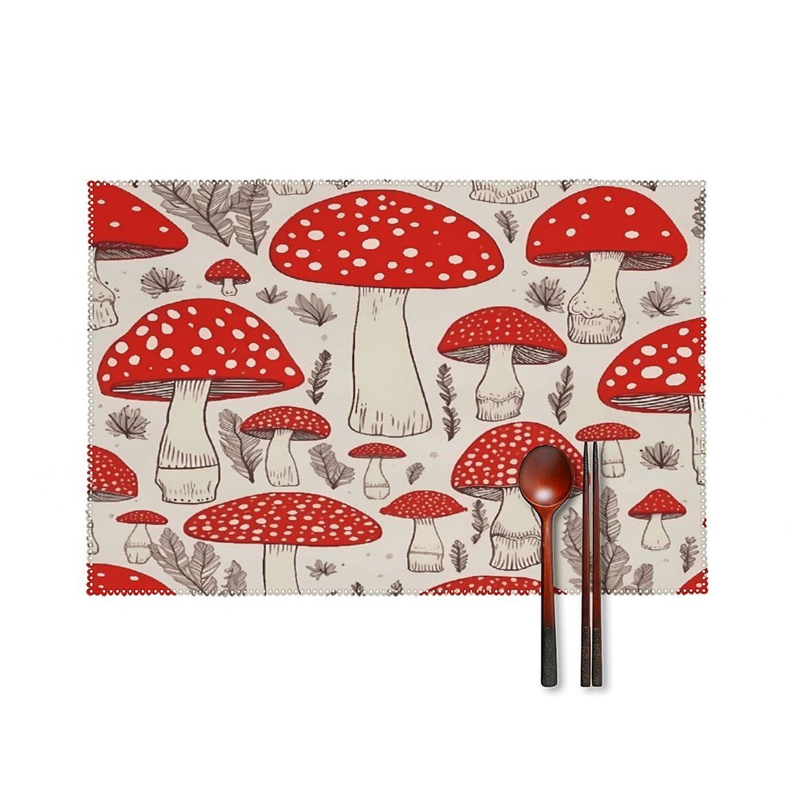 Red White Mushroom Placemats Set of 4 Heat Resistant Non-Slip Place Mats Reusable Dining Table Mats Canvas Place Mat Anti-Fading Waterproof Placemats for Dining Table Decor