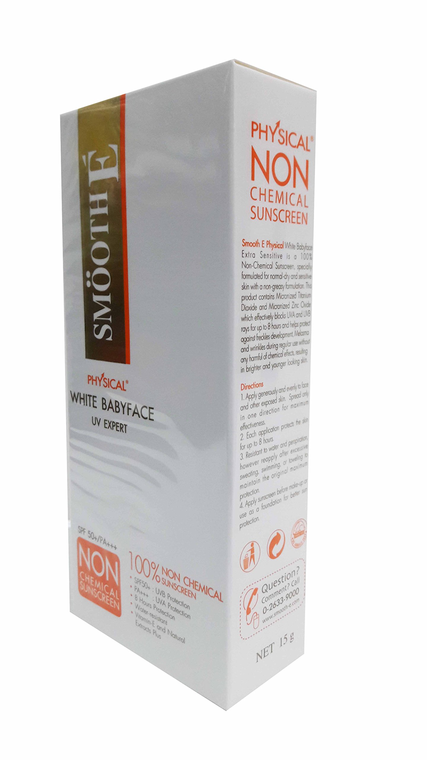 Smooth E Physical White Babyface Uv Expert, 100% Non-chemical White Babyface Sunscreen Spf 50+/pa+++. Extra Sensitive White Skin (15 G/Pack).