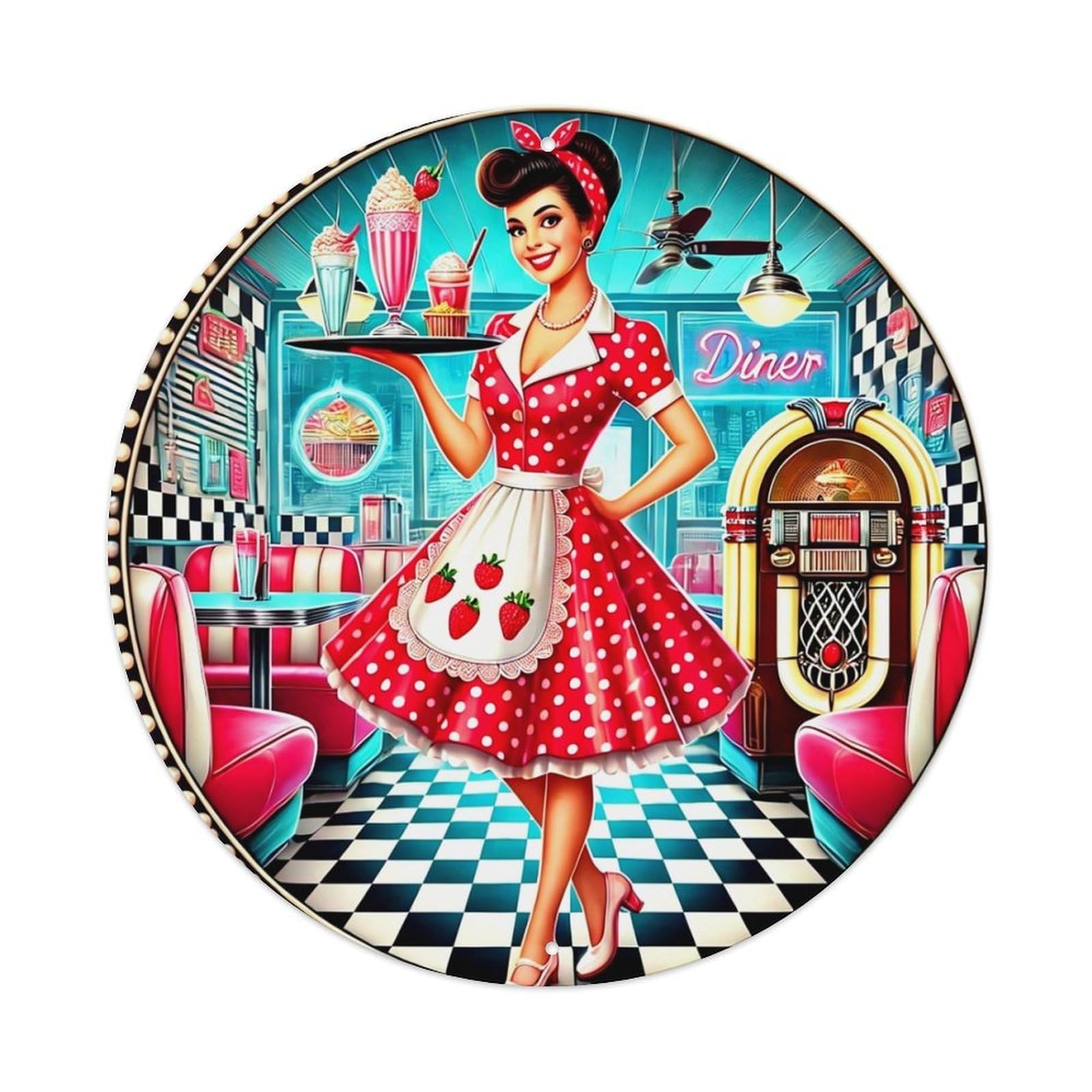 Jdyaojiesheng Vintage Retro Diner Waitress Strawberry Pattern Round Tin Sign Retro Metal Wall Decor Metal Poster, Home Bar Garage Farmhouse Cafe Wall Art Decoration 8X8inch