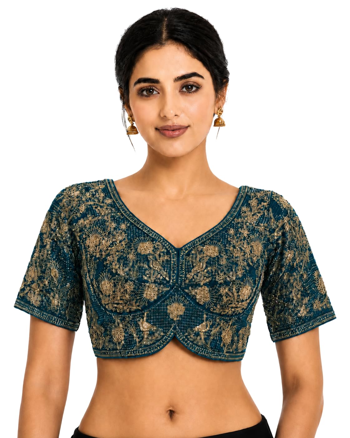 Half Sleeve Blouse for Women Readymade Stylish| Italian Silk Sabyasachi Pattern Bridal Blouse Zari Embroidery Work Back Open Pan Neck Blouses for Women | Size : 40-picture-22