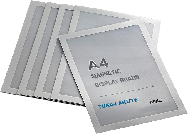 TUKA-i-AKUT 5x A4 Magnetyczna ramka wyświetlacza, klej do znaku znaków, Magnetyczne zamknięcie na ramkę, ściany i okna, torba 5 kolorów srebrnych, TKD8400-A4-5x