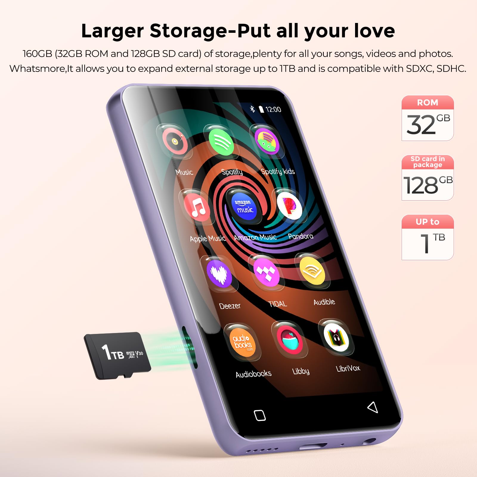 160GB MP3 Player mit Bluetooth und WiFi, innioasis Musik Player mit Spotify, Amazon Music, 4" Touchscreen Android MP4 MP3 Player für Kinder, Audible, Spotify Kinder Lila