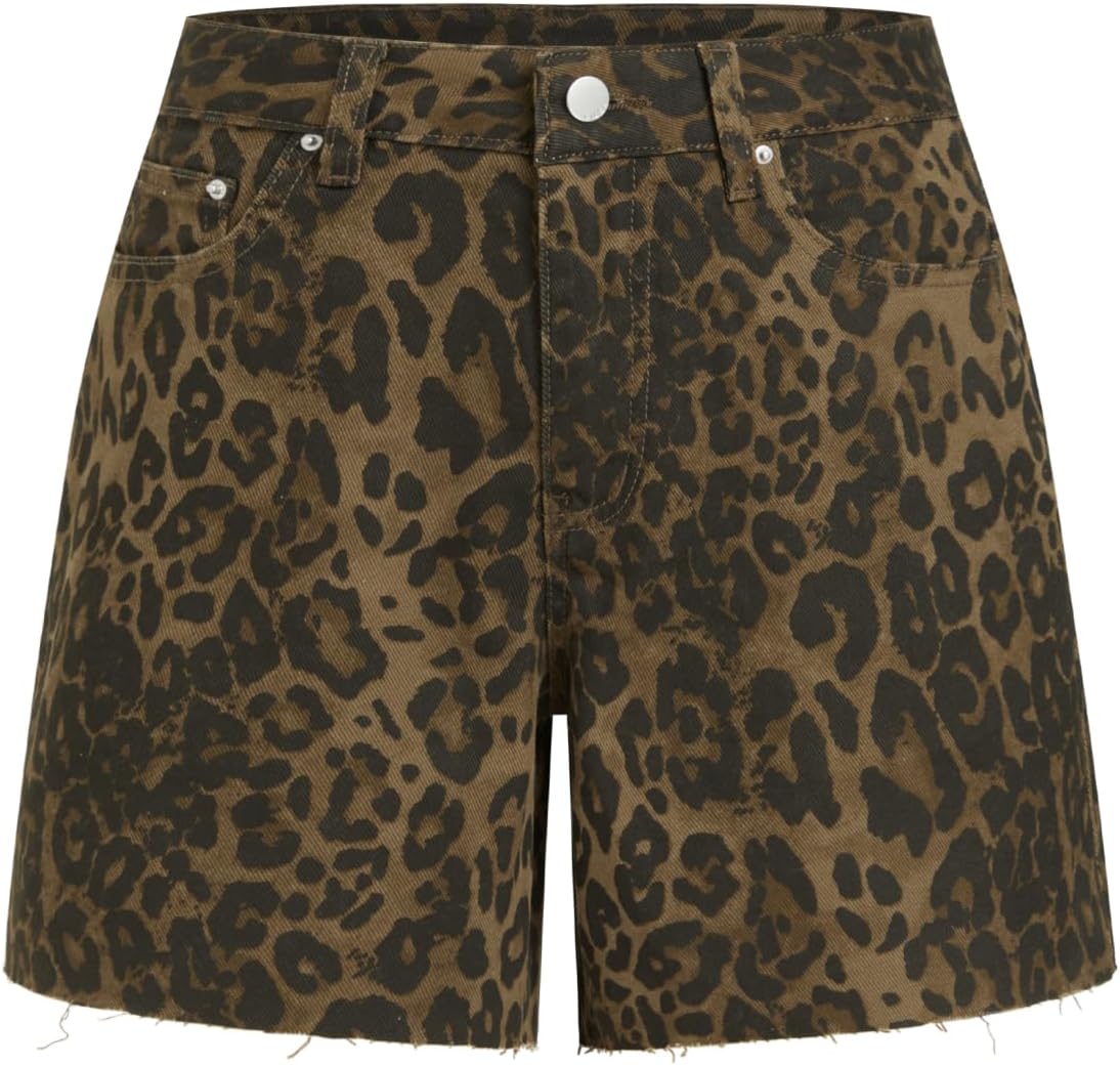 CIDER Women's Leopard Print Denim Shorts High Waisted Frayed Hem Casual Jean Shorts with Pockets