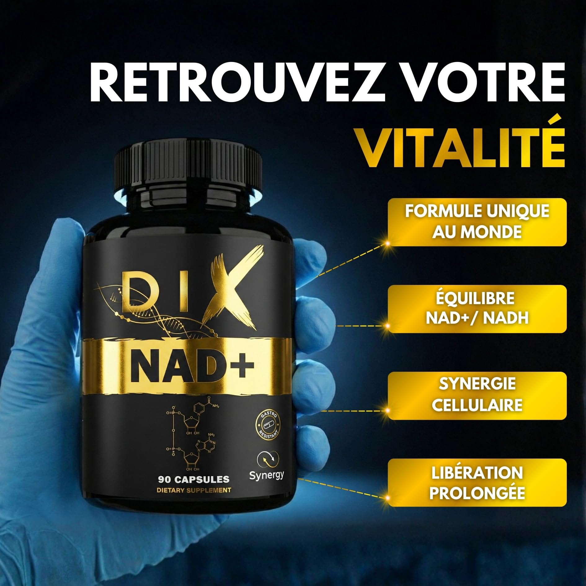 NAD+ ✗ NR + NADH + Vitamin B3 ✗ Nicotinamide Riboside Chloride ✗Anti-Âge ✗ Energie ✗ Action synergétique rapide et prolongée ✗ Gélule végétale et gastro resistante ✗ Fabriqué en France