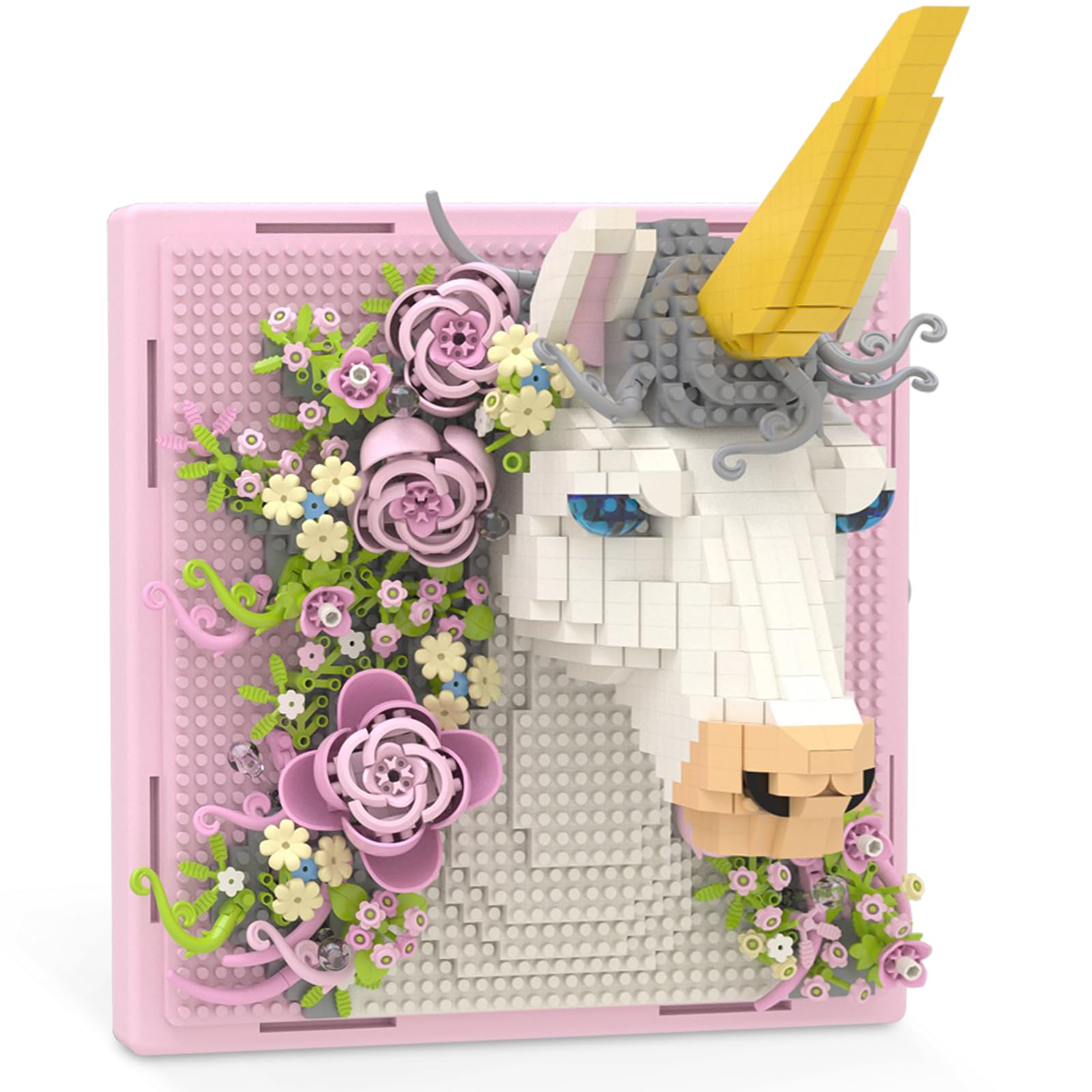 Pink Flowers Unicorn Animal 3D Wall Art Micro Mini Building Blocks Set, Unique Home Wall Decor or Table Display, No Compatible with Lego, Ideal Gift Toy for Adults & Boys Girls 14+ (1349 PCS)