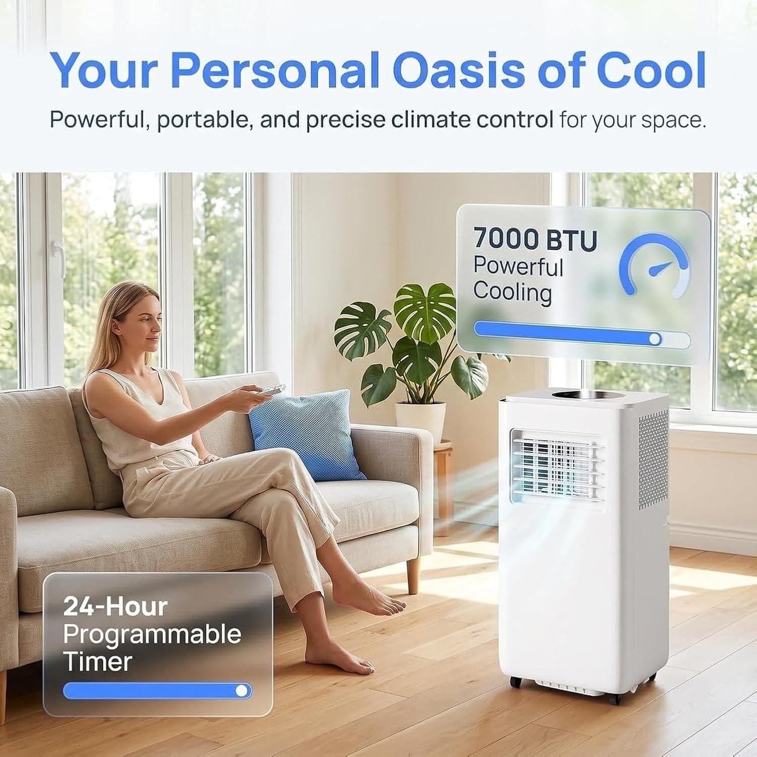 Aire Acondicionado Portátil 12000 BTU para Habitaciones hasta 300 pies Cuadrados, Mando a Distancia, Temporizador 24 Horas, Kit de Instalación para Ventana, 2 V, 14000 Btu, 14000 BTU