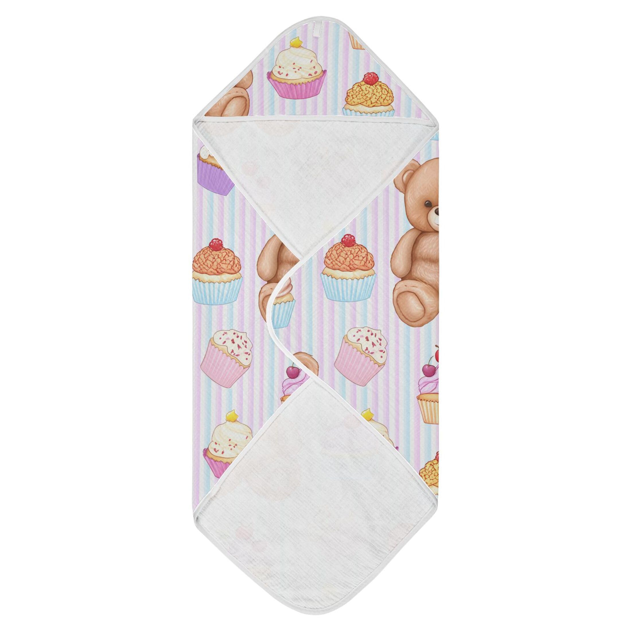 Kigai Baby Hooded Towel Absorbent Baby Bath Shower Towel with Hood for Newborn Boys Girls Babies Infant Toddler (Bears Cupcakes 35 x 35 in)