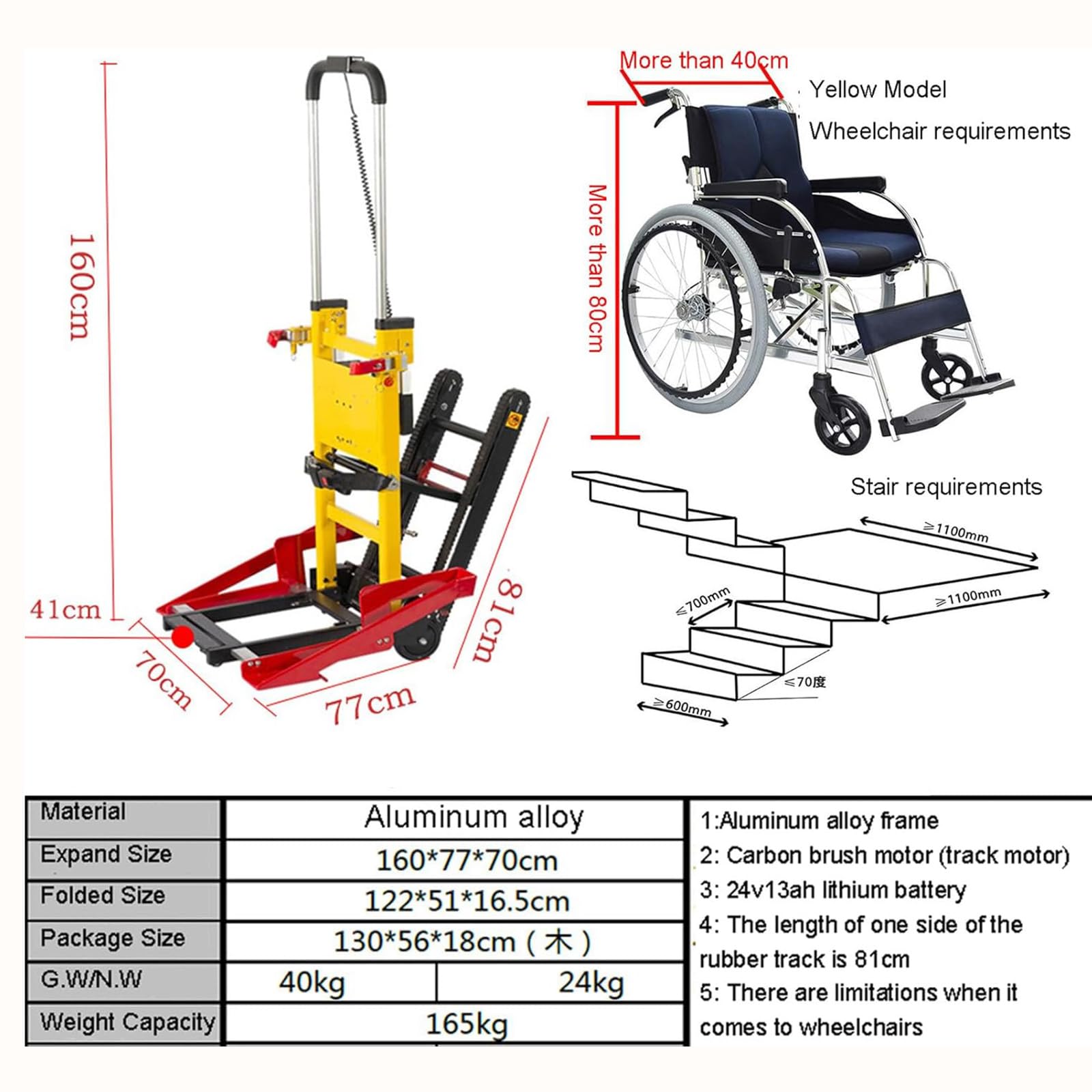 Electric Stair Climber aus Aluminiumlegierung, Faltbarer Elektrischer Rollstuhl Treppenlift, Hilfswerkzeuge zum Treppensteigen/Max. Belastung 352 lb/Breite des Kartensteckplatzes einstellbar