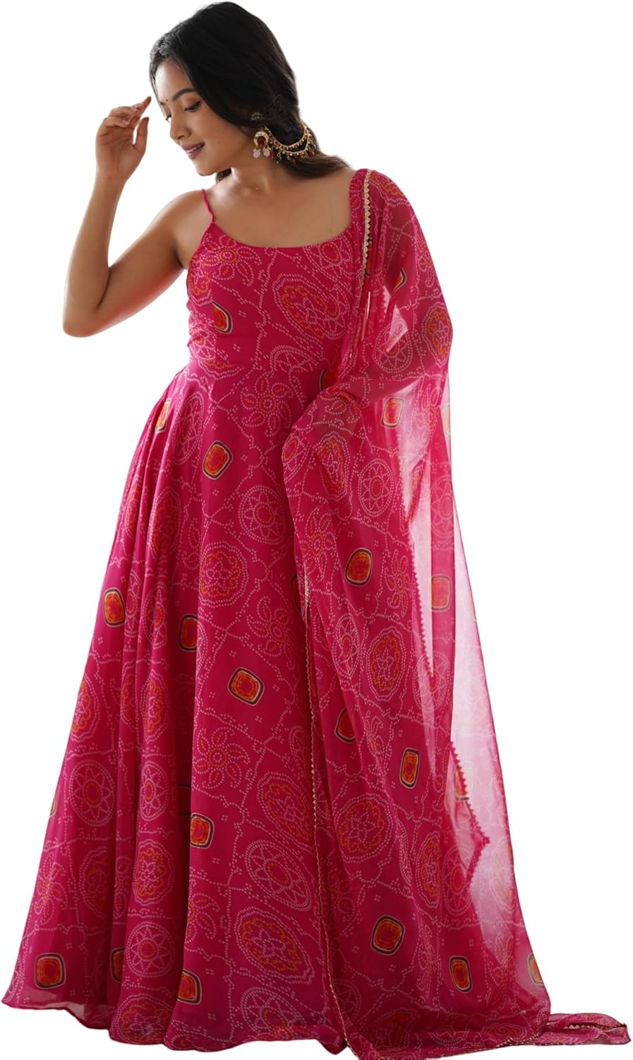 Shiv Collection Indian Style Pure Soft Chiffon Bandhej Fully Flair Gown Set for Women ready to wear