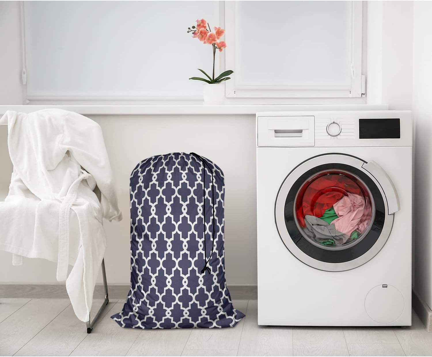 Swono Geometric Pattern Laundry Bag with Drawstring Closure Moroccan Clover Flower Lantern Shape Heavy Duty Oxford Cloth Laundry Portable for Home Dorm Room Essentials for Travel Camp, White Blue image 5