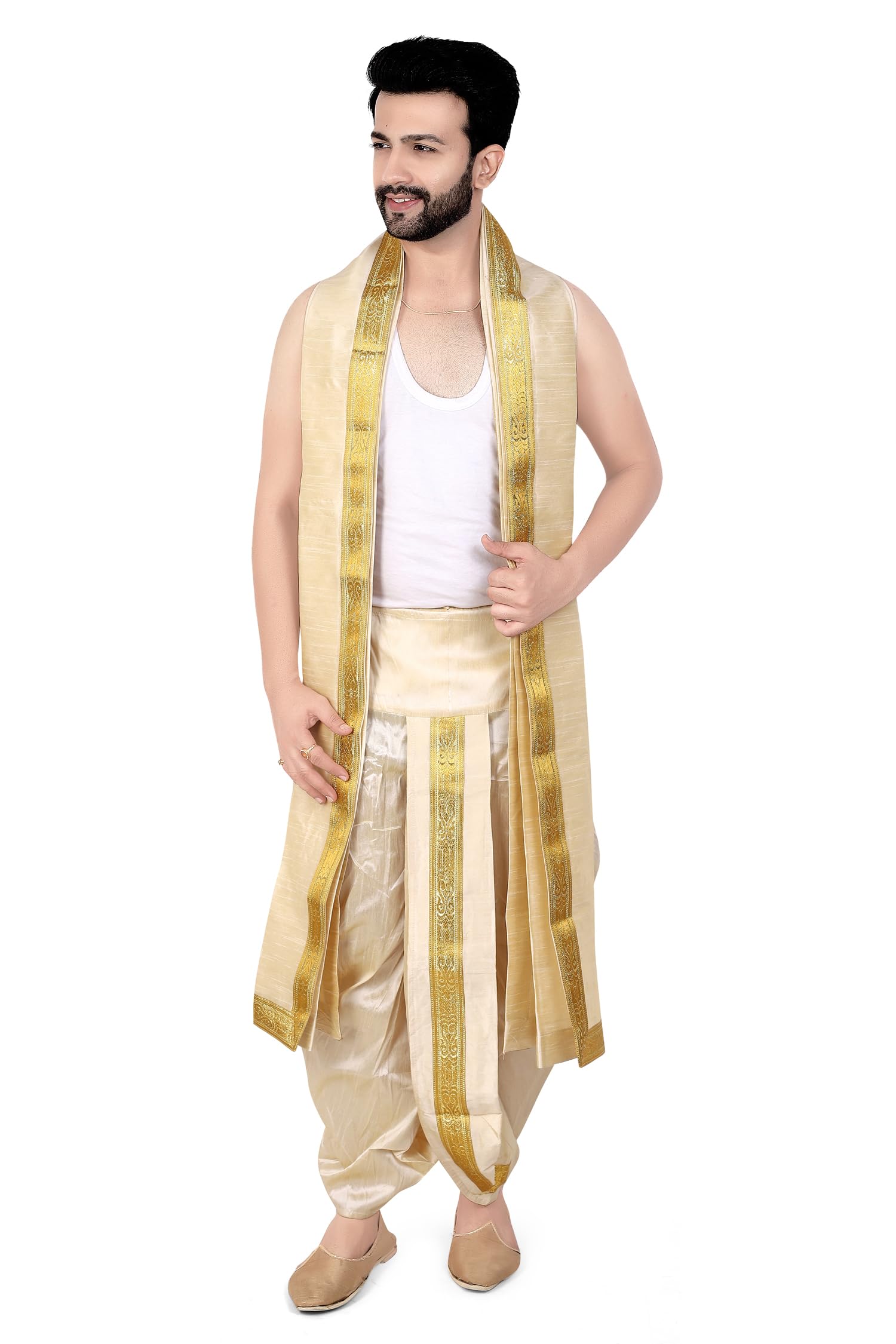 Ready to Wear Dupion Silk Dhoti With Dupatta Set For Men Wedding, Pooja And Traditional Function Use It [Waist - Free Size And Height 38 Inches]