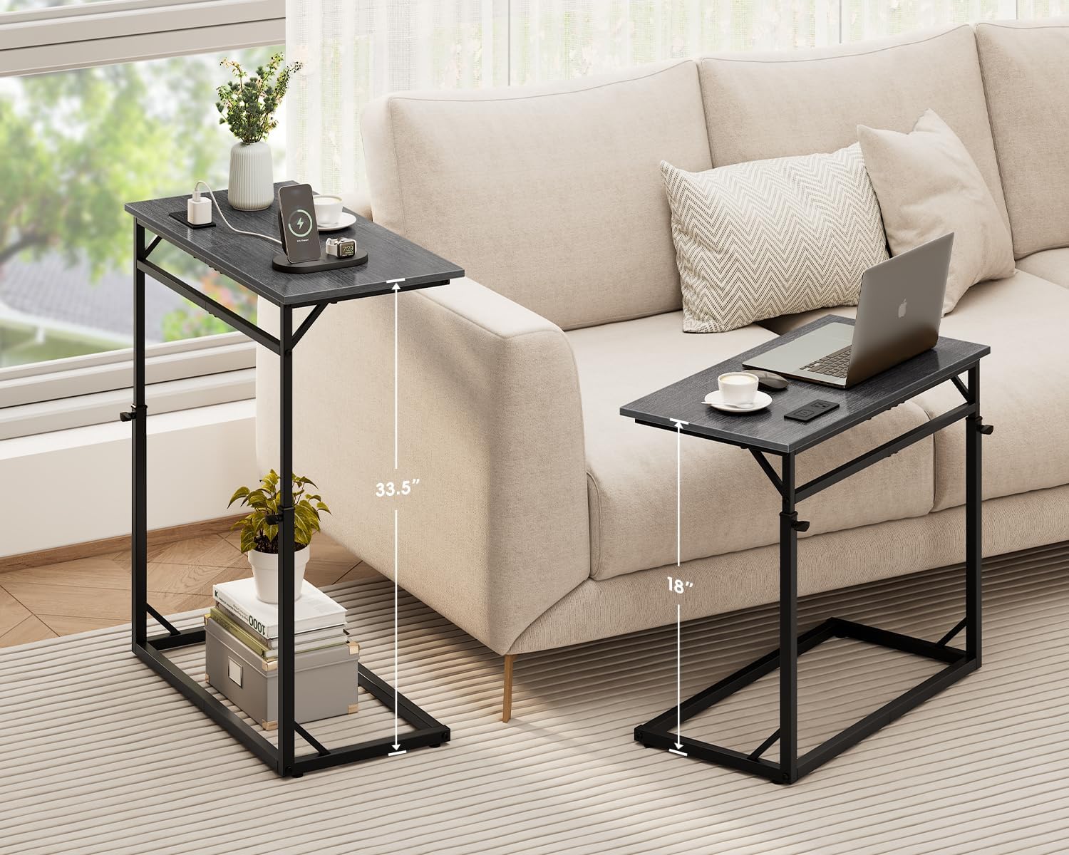 Close-up of the adjustable height mechanism on the C-shaped end table, showing the lever and height settings.