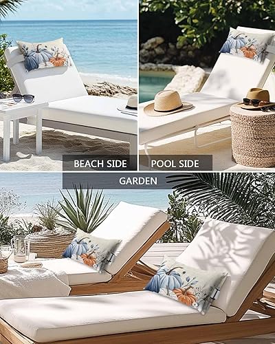 Miniatura 6 de Paquete de 4 fundas de almohada lumbar de Acción de Gracias, impermeables, para exteriores, diseño de hojas de calabaza azul, naranja, otoño,