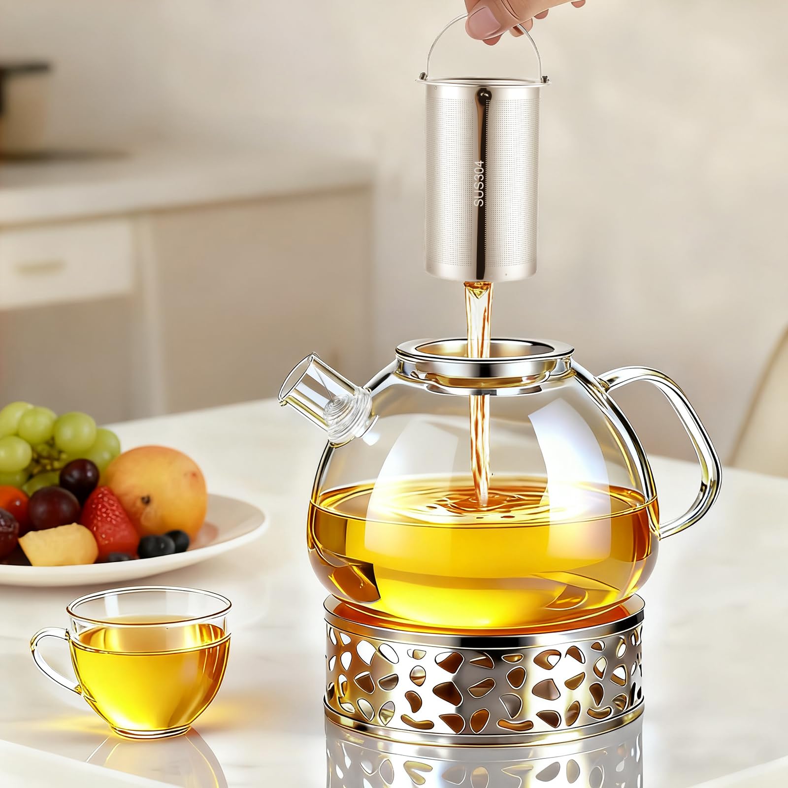 Teiera in vetro per teiera da 1500 ml - con base in acciaio inox e filtro removibile, realizzata in vetro borosilicato resistente al calore, adatta per tè verde, tè nero, tisane e bustine di tè