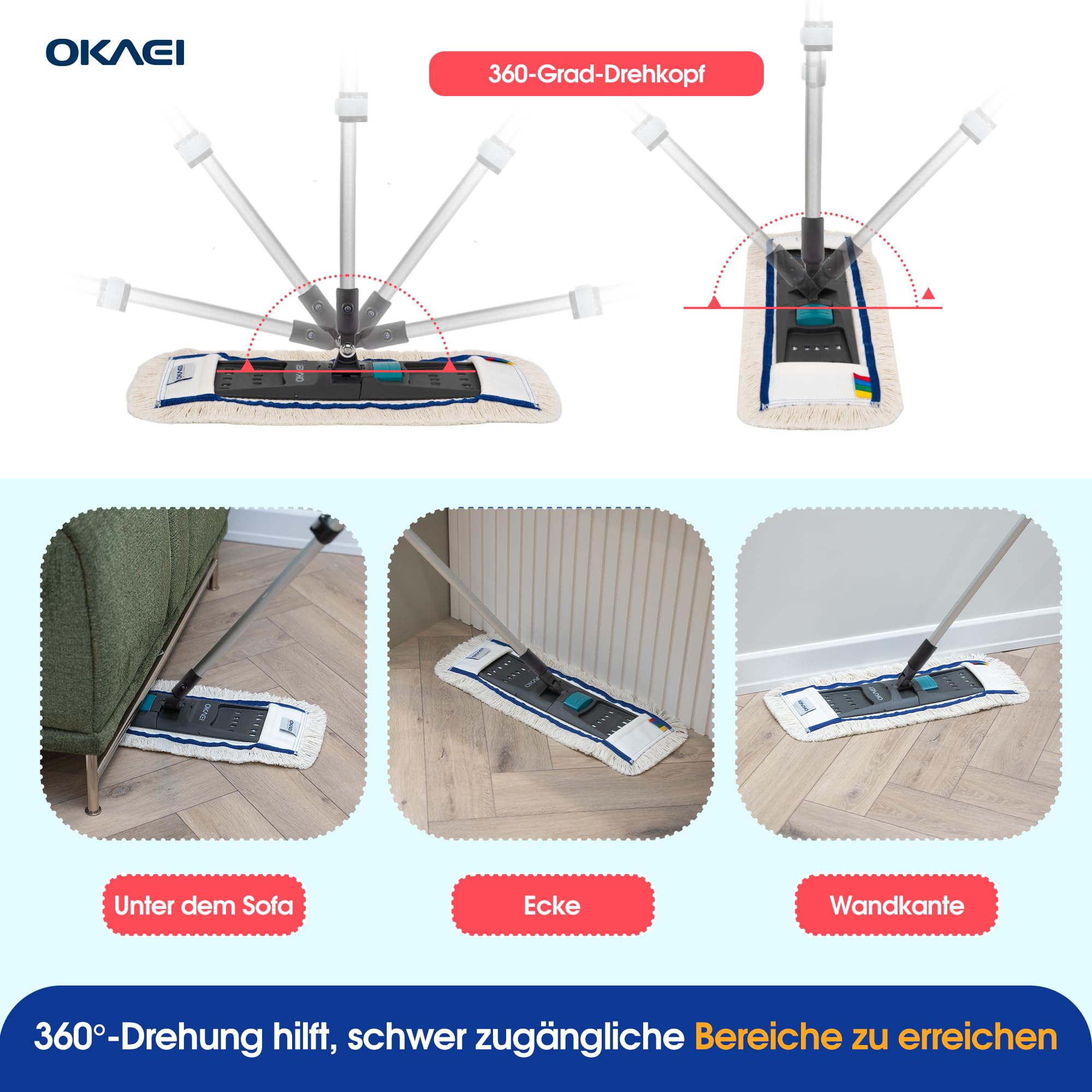 OKAEI Klapphalter für Wischmopps 50 cm – 10er Spar-Set für Profis – Industrie Mophalter mit 360° Drehkopf & Fußschalter – Bodenwischer Halter für große Flächen – robust & klappbar (grau/grün)