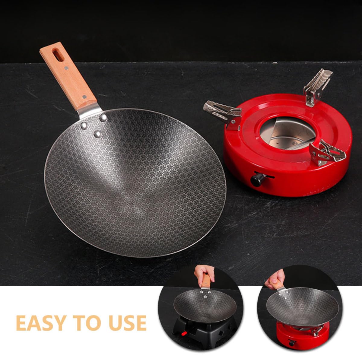 INOOMP Wok da Cucina Piccolo Stile Giapponese Fondo Tondo Ferro | Manico in Legno, Adatto All’uso Esterno, Stabile e Facile da Pulire, Linee Semplici e Forma Rotonda
