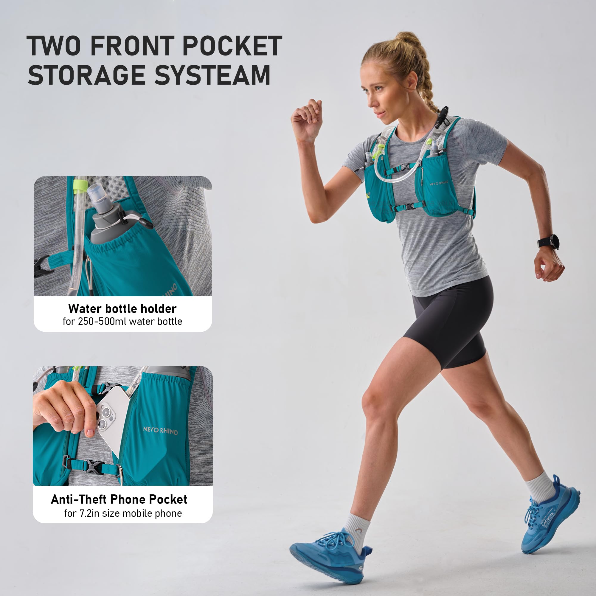 N NEVO RHINO Chaleco de hidratación para correr, 5.5 L con bolsa de agua de 2 L, mochila de hidratación ligera para senderismo y carreras