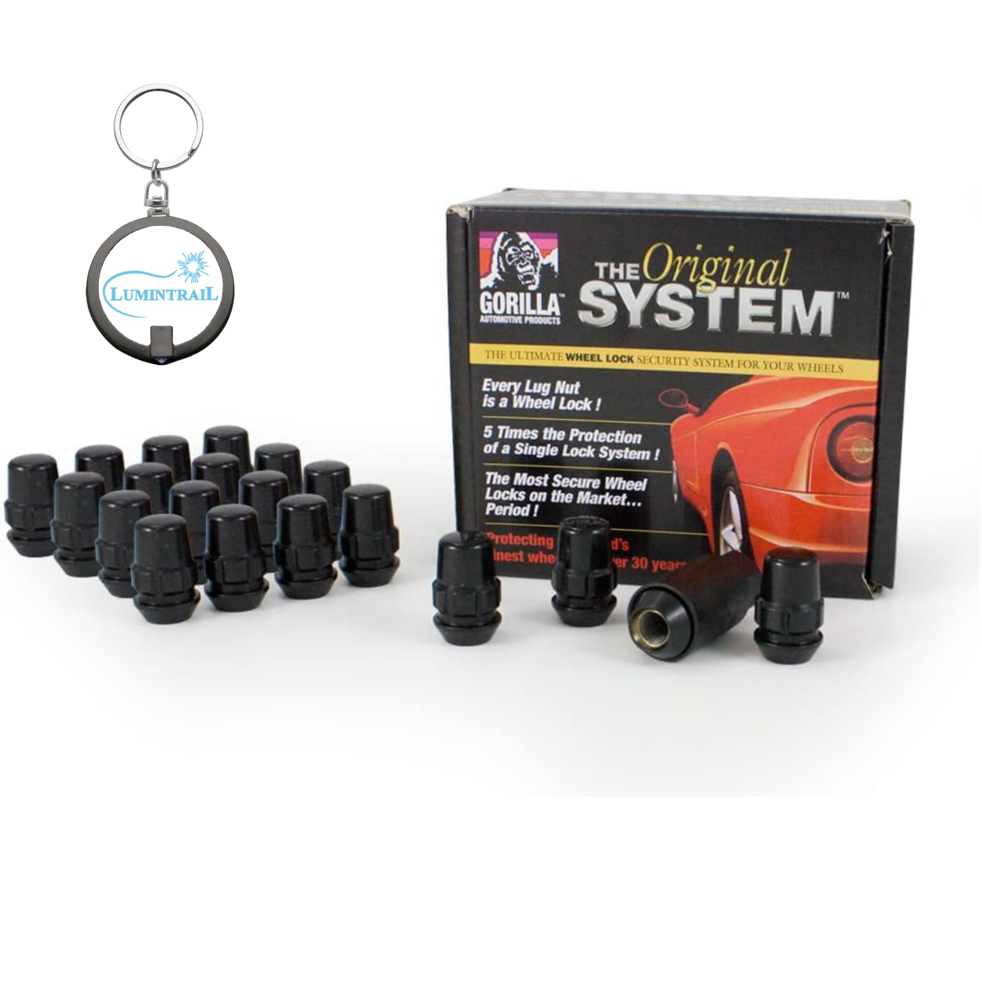 Gorilla Automotive Locking Lug Nuts 71633NBC, Set of 20 Acorn Gorilla Lug Nuts, 12mm x 1.50 Thread, Black Chrome, with a Lumintrail Keychain Light