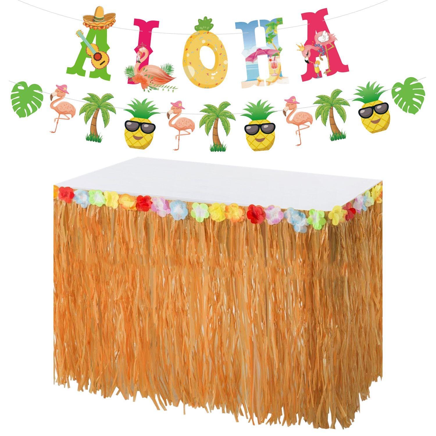 Eowvisn Straw Color 1 Piece Hawaiian Table Skirt And 1 Piece Hawaiian Pull Flag, Beach Party Decorations, Creative Decorations, Party Scene Arrangement.