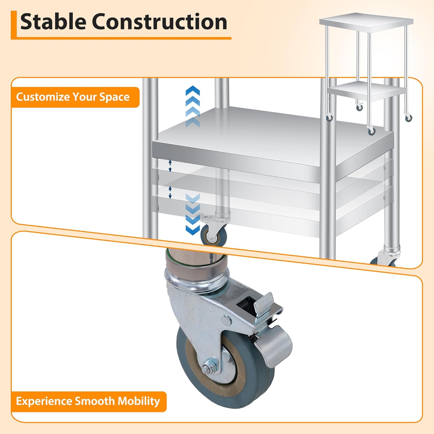 14x24x35 Inch Stainless Steel Utility Table with Wheels, Double Shelf Rolling Cart for Kitchen Restaurant Office Commercial Use