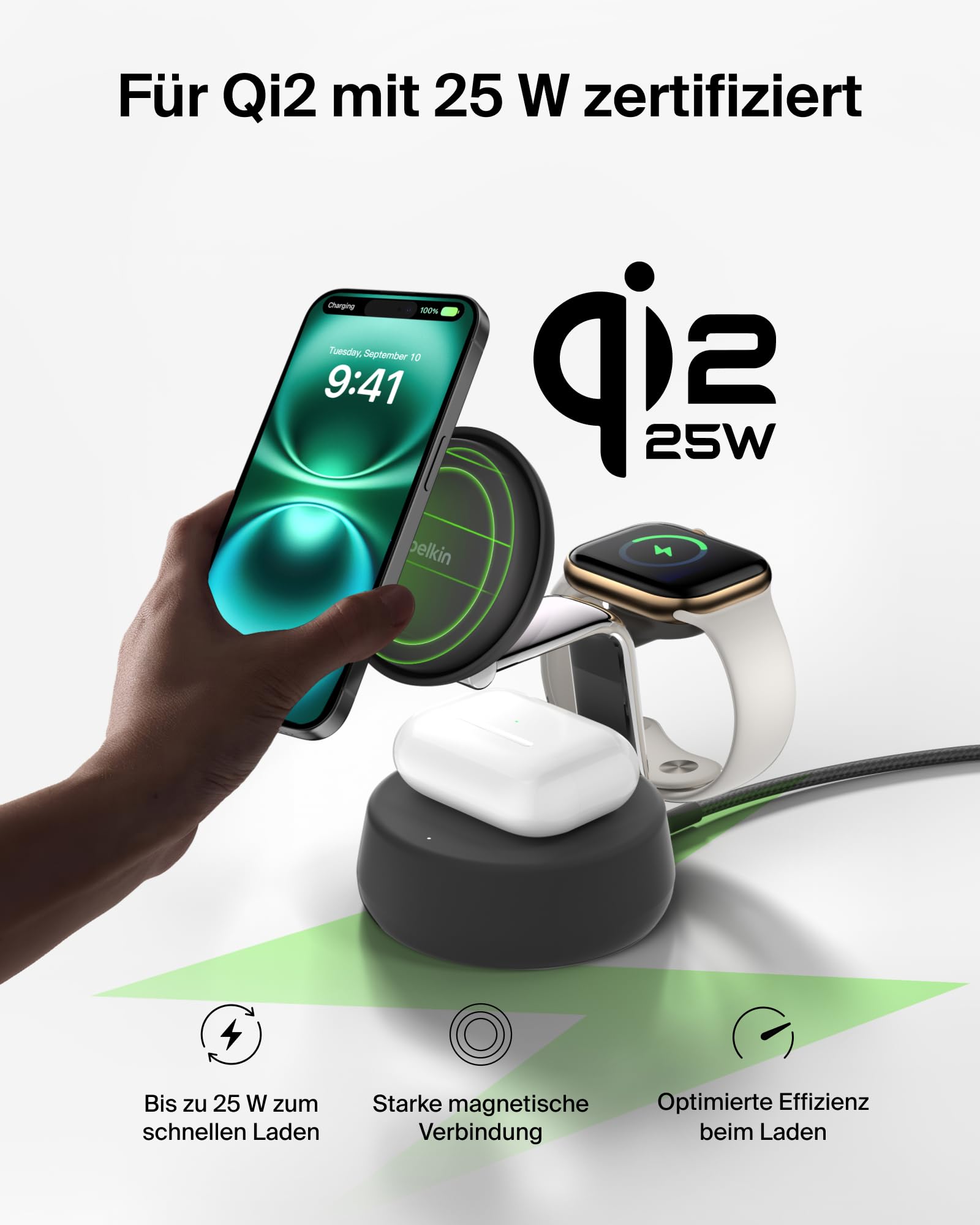 Belkin UltraCharge Pro Qi2.2 Induktive Ladestation, 25W, 3 in 1 Ladegerät MagSafe Kompatibel, Wireless Charger für iPhone 17, Air, Apple Watch, AirPods, Pixelsnap mit Lüfter, 45-W-Adapter – Schwarz