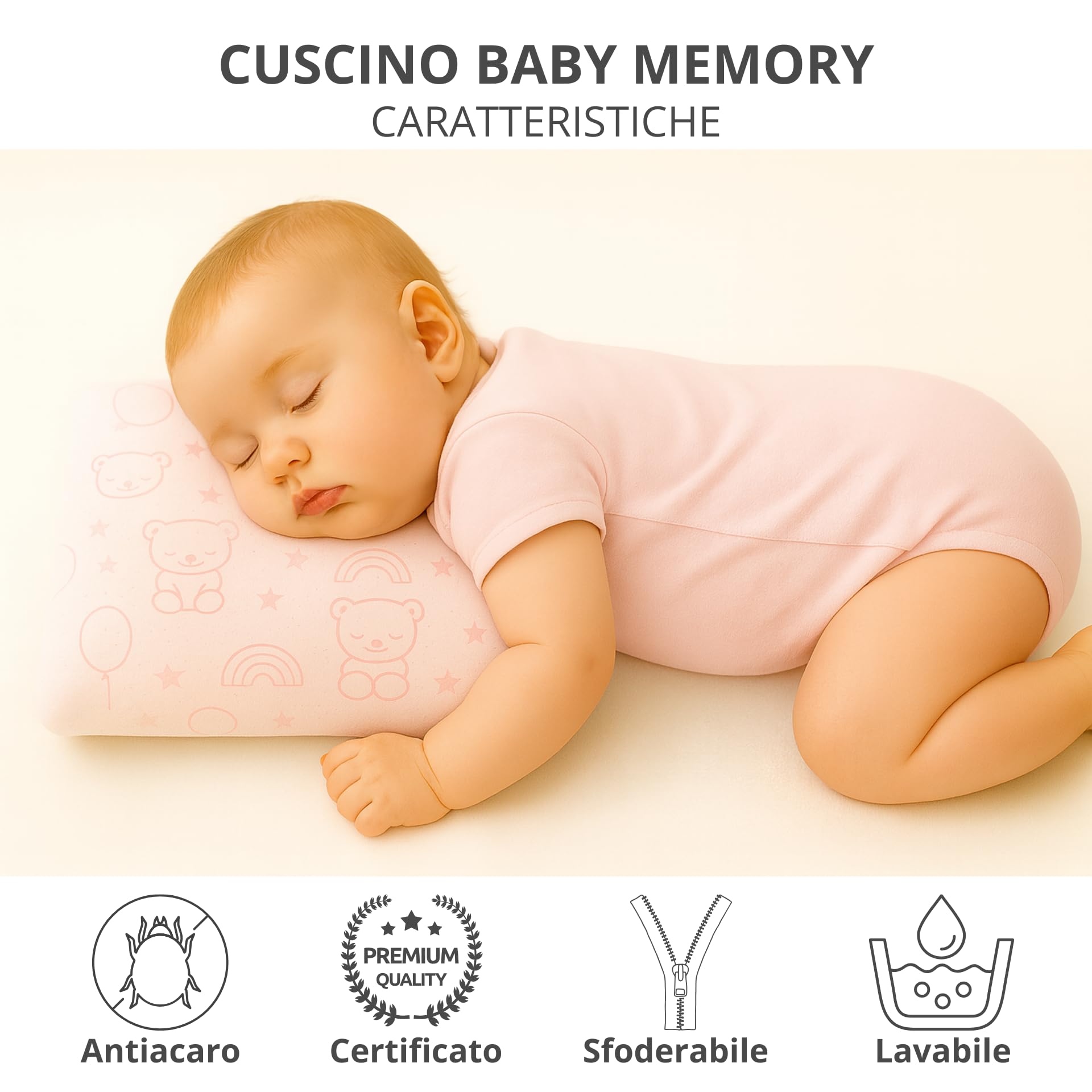 The Double Twenty Cuscino Baby in Memory Foam, ideale per culla e Bambini fino a 5 anni, Federa ipoallergenica,Modello a Saponetta forata Antisoffoco (Rosa)