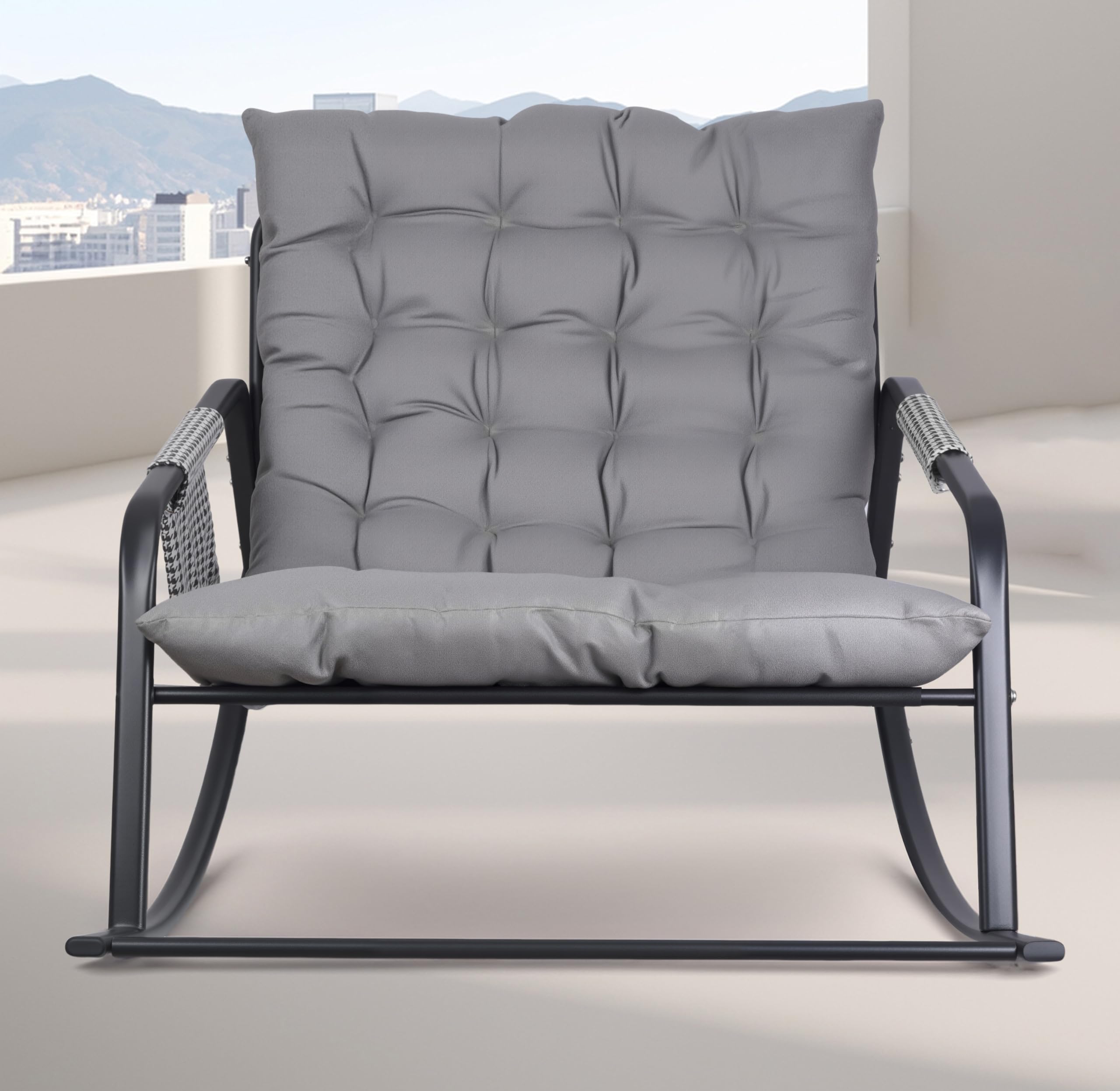 Silla Mecedora, Carga 150 kg, Sillon Mecedora Salon Extra Grande con Cojín Acolchado, Rocking Chair Marco de Metal, Sillón Relax para Adulto Salón, Dormitorio, Interior y Exterior (Gris)