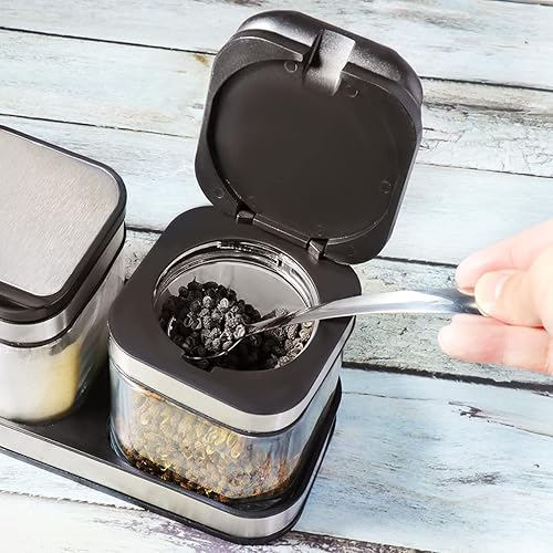 Miniatura 5 de XIUDI Recipiente de especias con tapas y cucharas, recipiente de vidrio transparente, caja de condimentos, contenedor de sal, azucarero, juego de 3