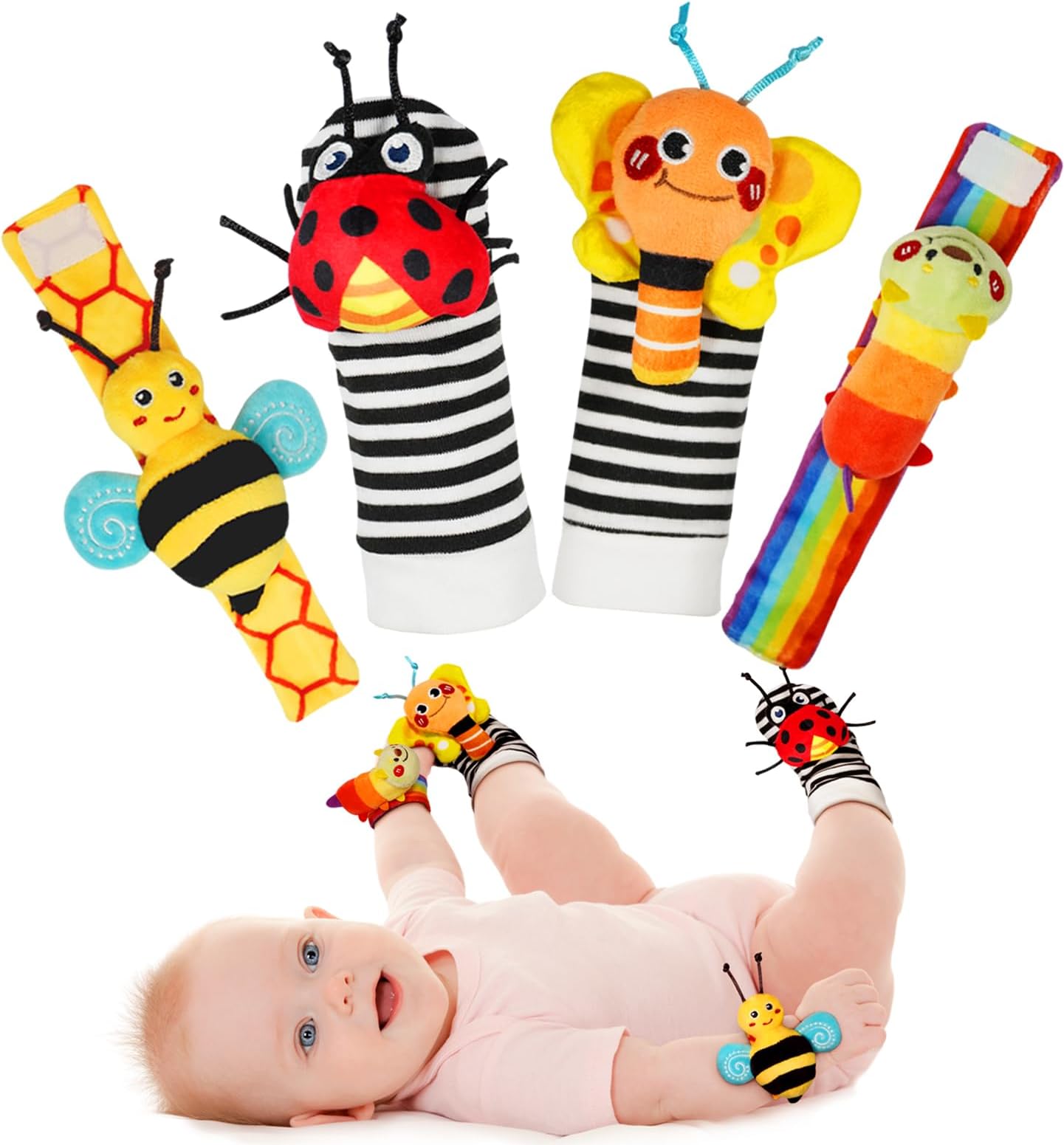 Infinno Wrist Rattle Socks and Foot Finder - Baby Educational Toy for Newborn Boys and Girls, 0-12 Months - Perfect for Baby Shower or Birthday Gifts