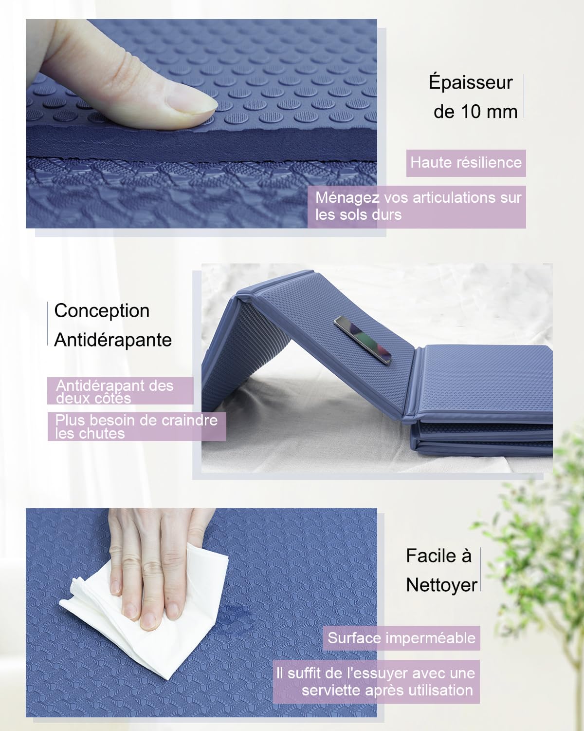 Tapis de yoga pliable XXL - 200 x 130 cm - Antidérapant - En TPE - 5 mm/10 mm d'épaisseur - Avec sac de transport - Pour la maison, les voyages, le pilates