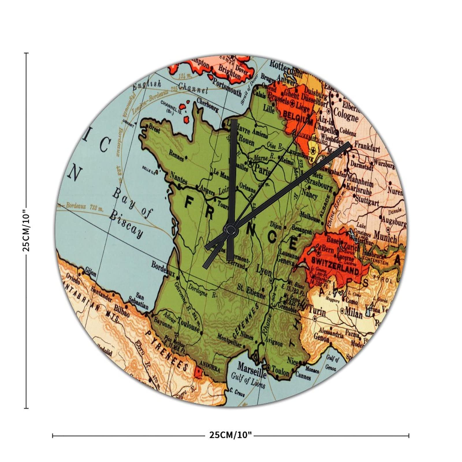 ArogGeld Antique France Map PVC Wall Clock Nation's Capital Frameless Clocks 10in Silent Non-Ticking Battery Operated Rustic Hanging Clock Home Decor for Living Room Kitchen Bedroom Bathroom