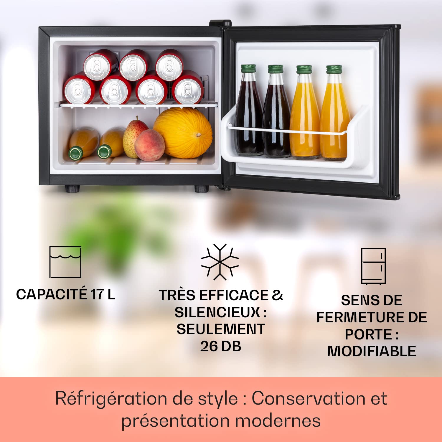 KLARSTEIN Mini Frigo de Chambre pour Boissons, Petit Réfrigérateur Silencieux, 17L, 0-15°C, 3 Niveaux de Refroidissement