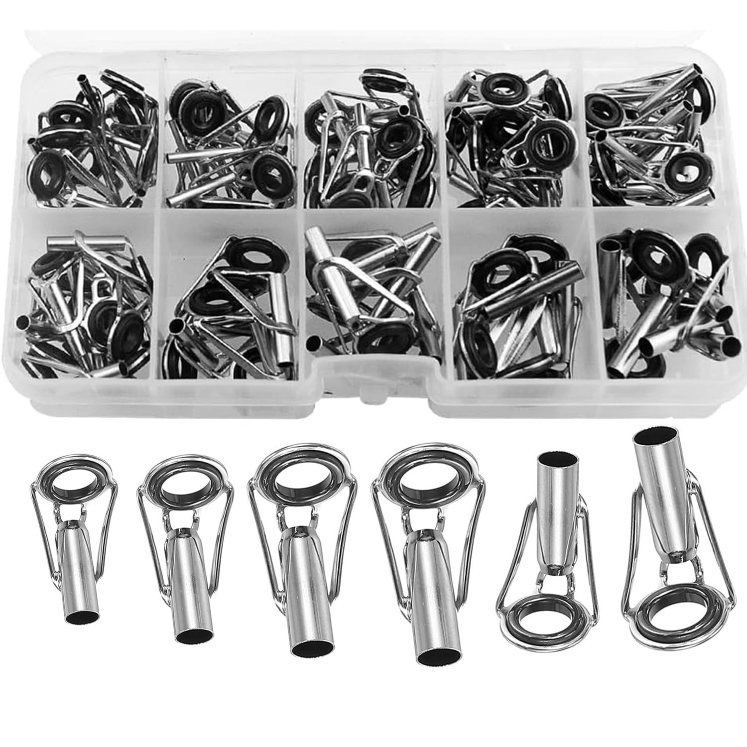 50 Pieces Fishing Rod Tip Repair Kit Rod Tips Kit Replacement for Freshwater Saltwater Rods Stainless Steel Ceramic Ring Guide Replacement Kit