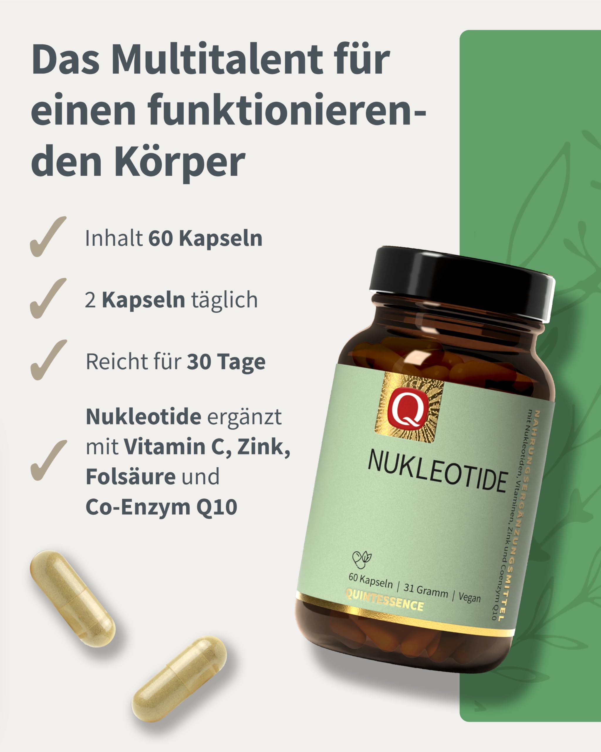 Quintessence Nukleotide Kapseln 60 Stk. - Mit 5 Nukleotiden, Vegan & ohne künstliche Zusatzstoffe, Kapseln mit Coenzym Q10 & Vitamin C, Produziert in Österreich