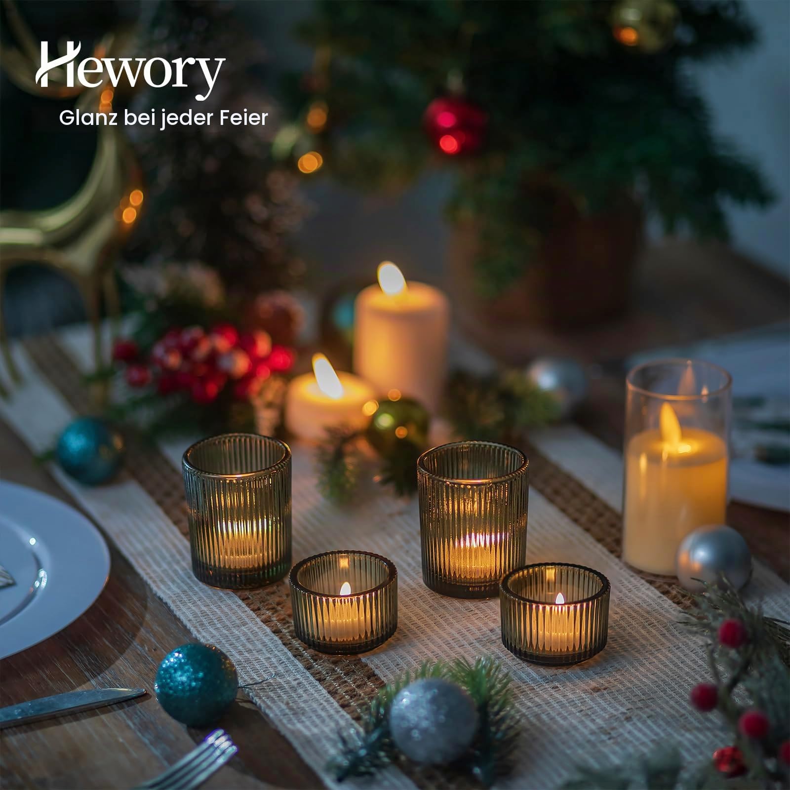Hewory 24er Set Teelichtgläser Grün Teelichthalter Glas für Tischdeko | Zwei Größen, Dickes Premium-Glas, Windlicht für Teelicht Wohnzimmer Deko Weihnachten Hochzeit Party Konfirmation Großpack